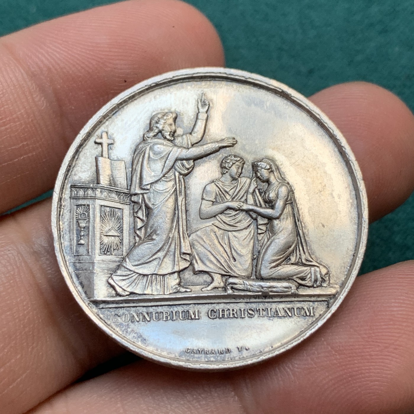 《竞宝斋》八角代币+章牌专场！第182场-周日，周一，周二 3场 (全场包邮) 法国结婚纪念银章，16.36g，33.7mm，烟斗边铭（1879年仅铸造几个月）