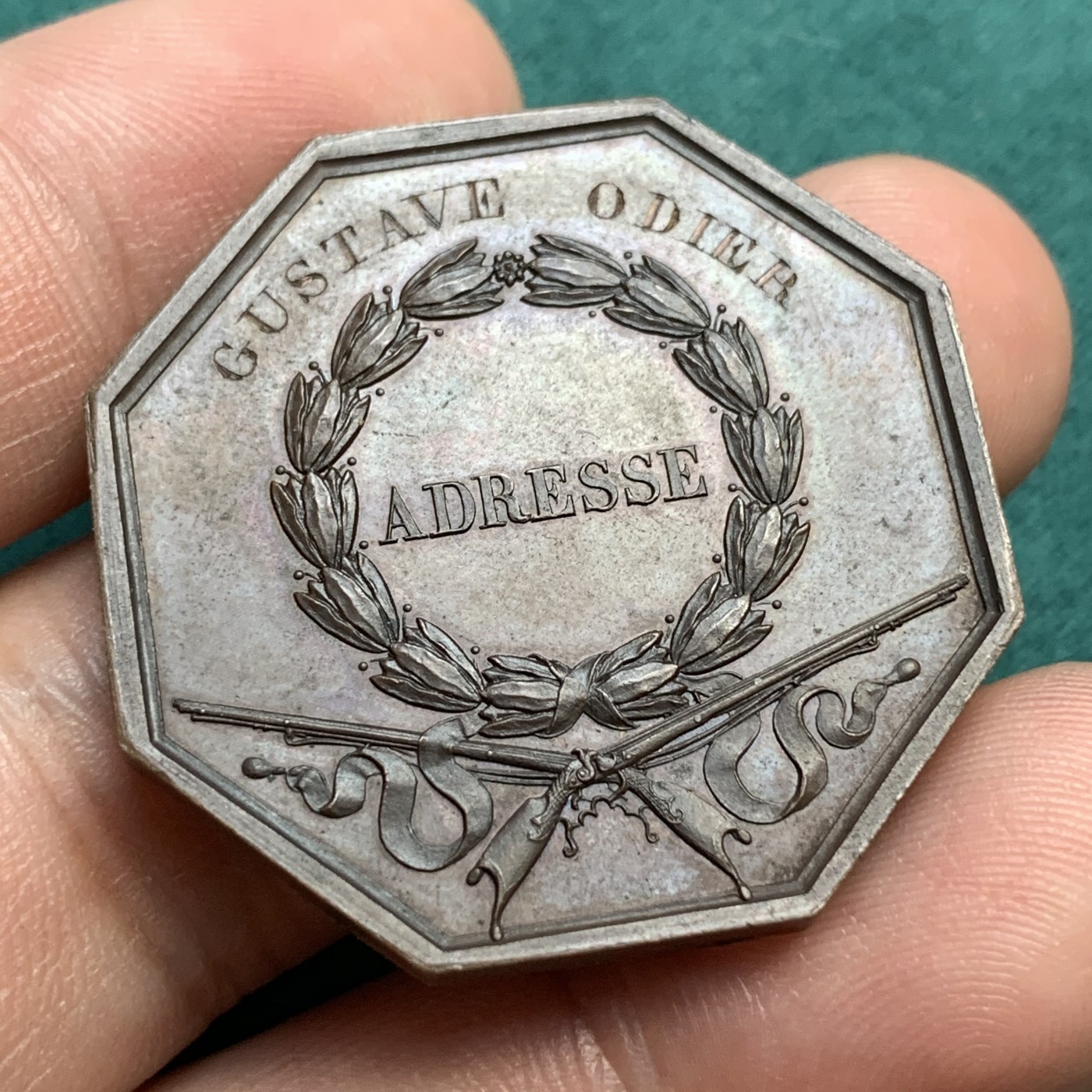 《竞宝斋》八角代币+章牌专场！第182场-周日，周一，周二 3场 (全场包邮) 法国巴黎宪兵队八角红铜代币，18.03g，34.7mm，无戳记，边道割手