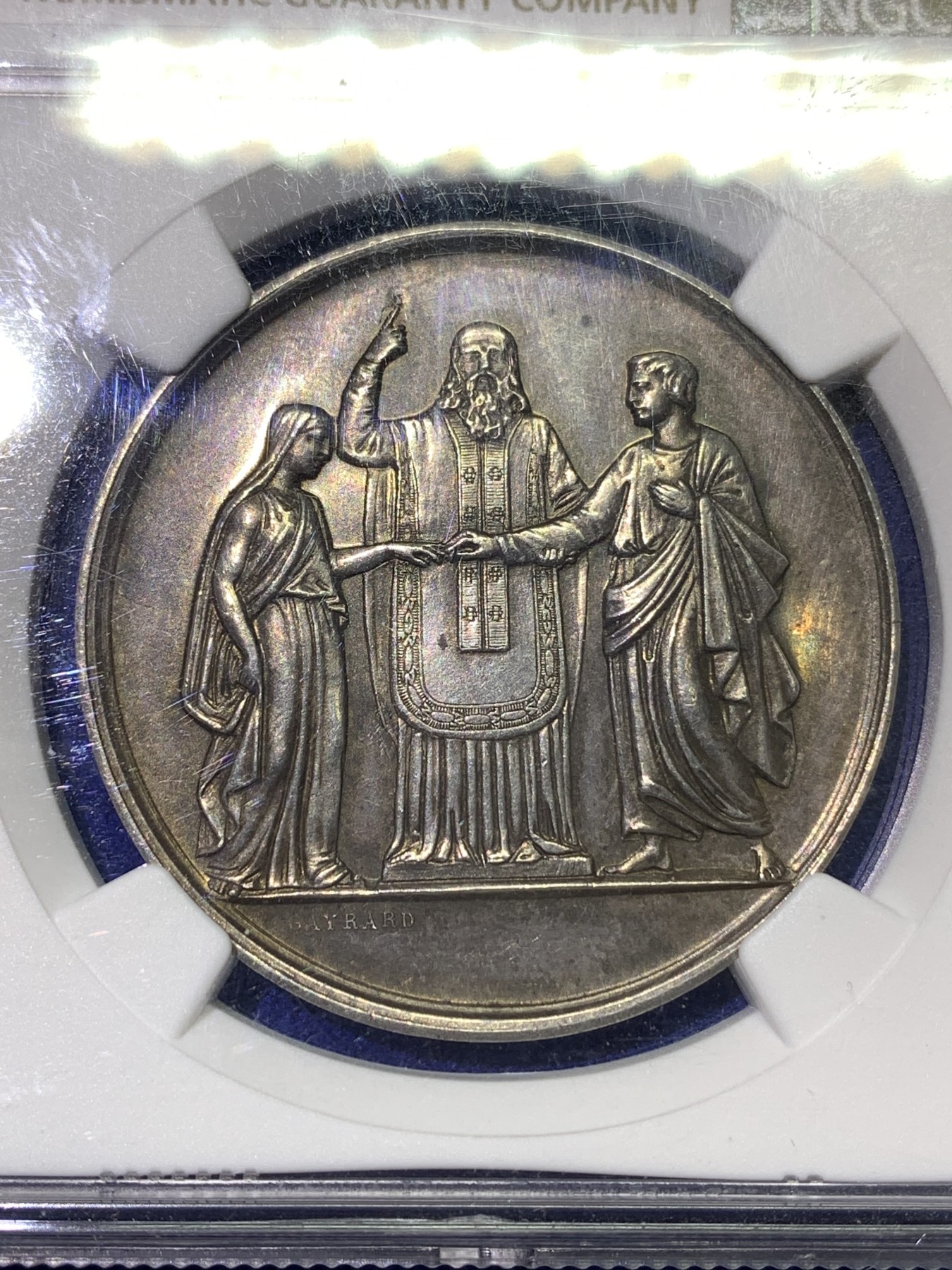 《竞宝斋》八角代币+章牌专场！第182场-周日，周一，周二 3场 (全场包邮) NGC MS62 法国 少见版 大型婚章 背面带花体刻字 非常不错