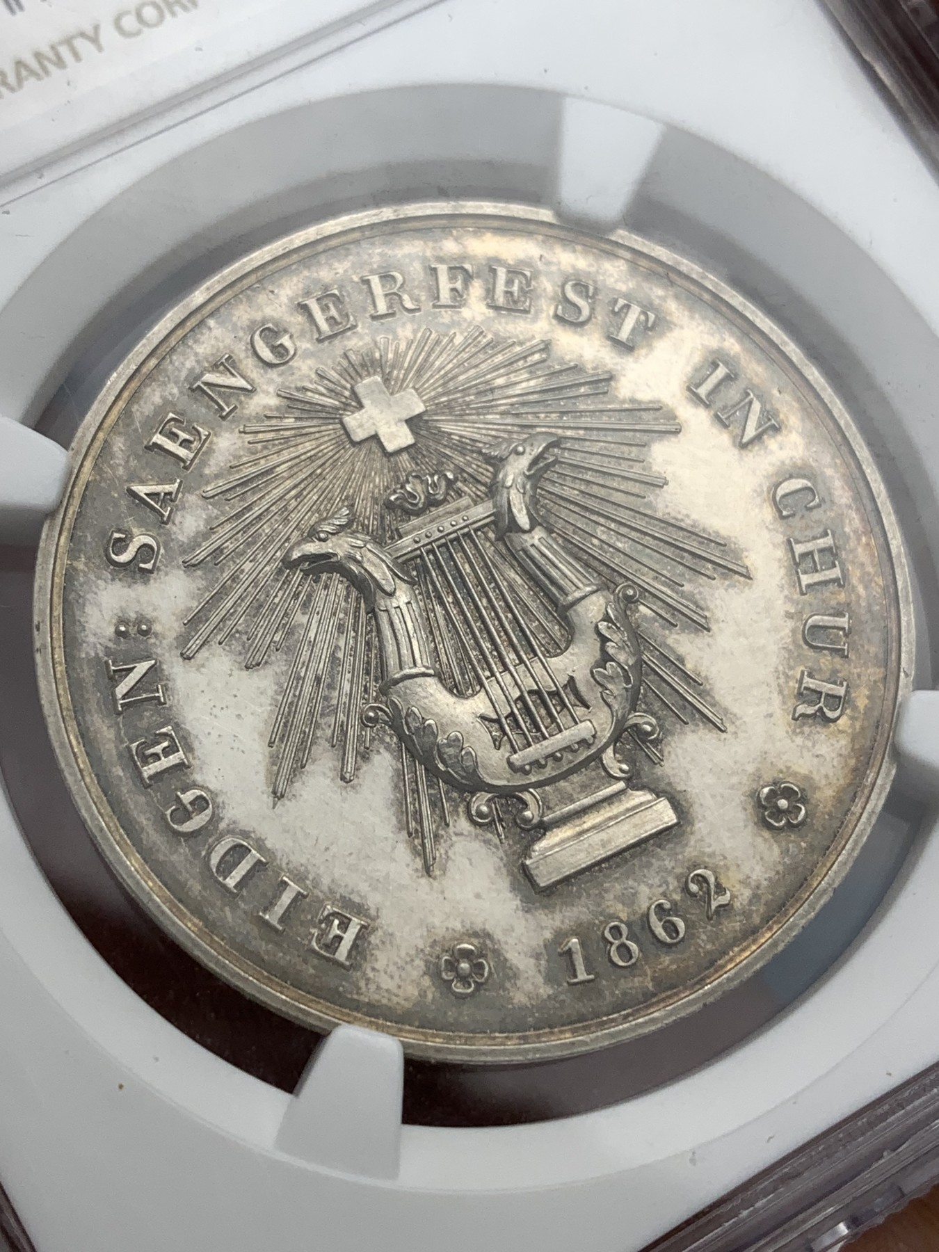 《竞宝斋》八角代币+章牌专场！第182场-周日，周一，周二 3场 (全场包邮)  NGC-MS61 1862 瑞士音乐节 纪念银章 包浆不错 背面绝了