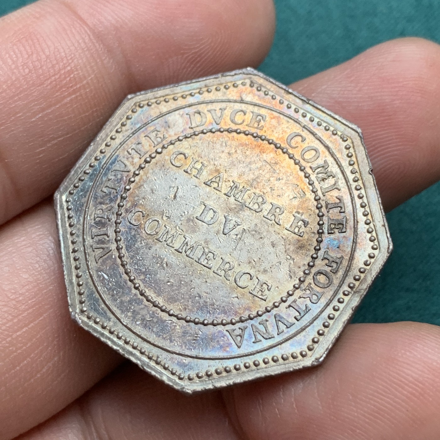 《竞宝斋》八角代币+章牌专场！第182场-周日，周一，周二 3场 (全场包邮) 法国里昂商会八角银质jeton，16.58g，32.5mm，早期无边铭