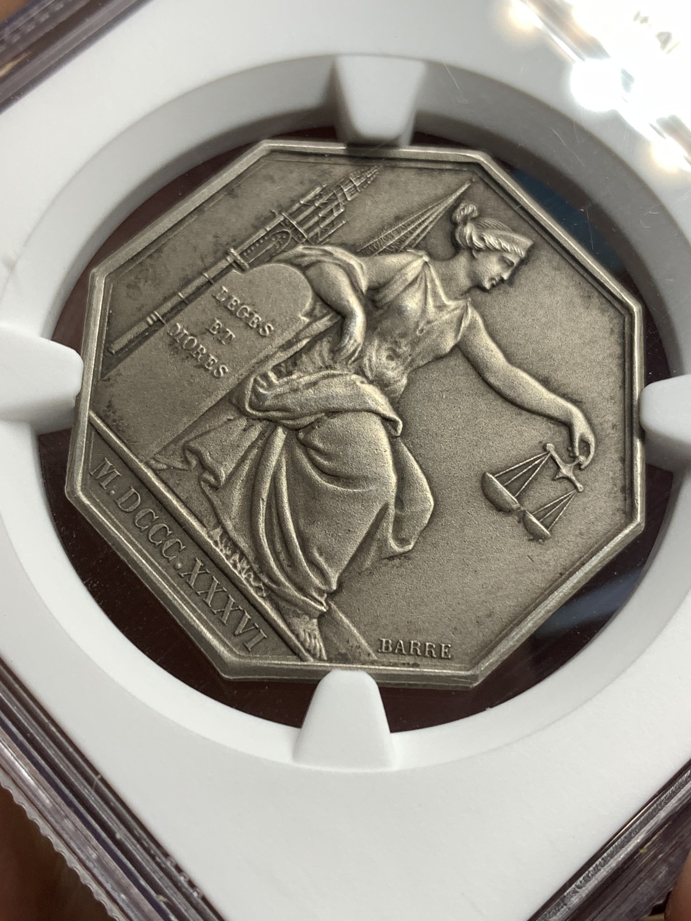 《竞宝斋》八角代币+章牌专场！第182场-周日，周一，周二 3场 (全场包邮) NGC-MS63 1836 法国 卢瓦尔公证处八角银章 磨砂质感非常不错