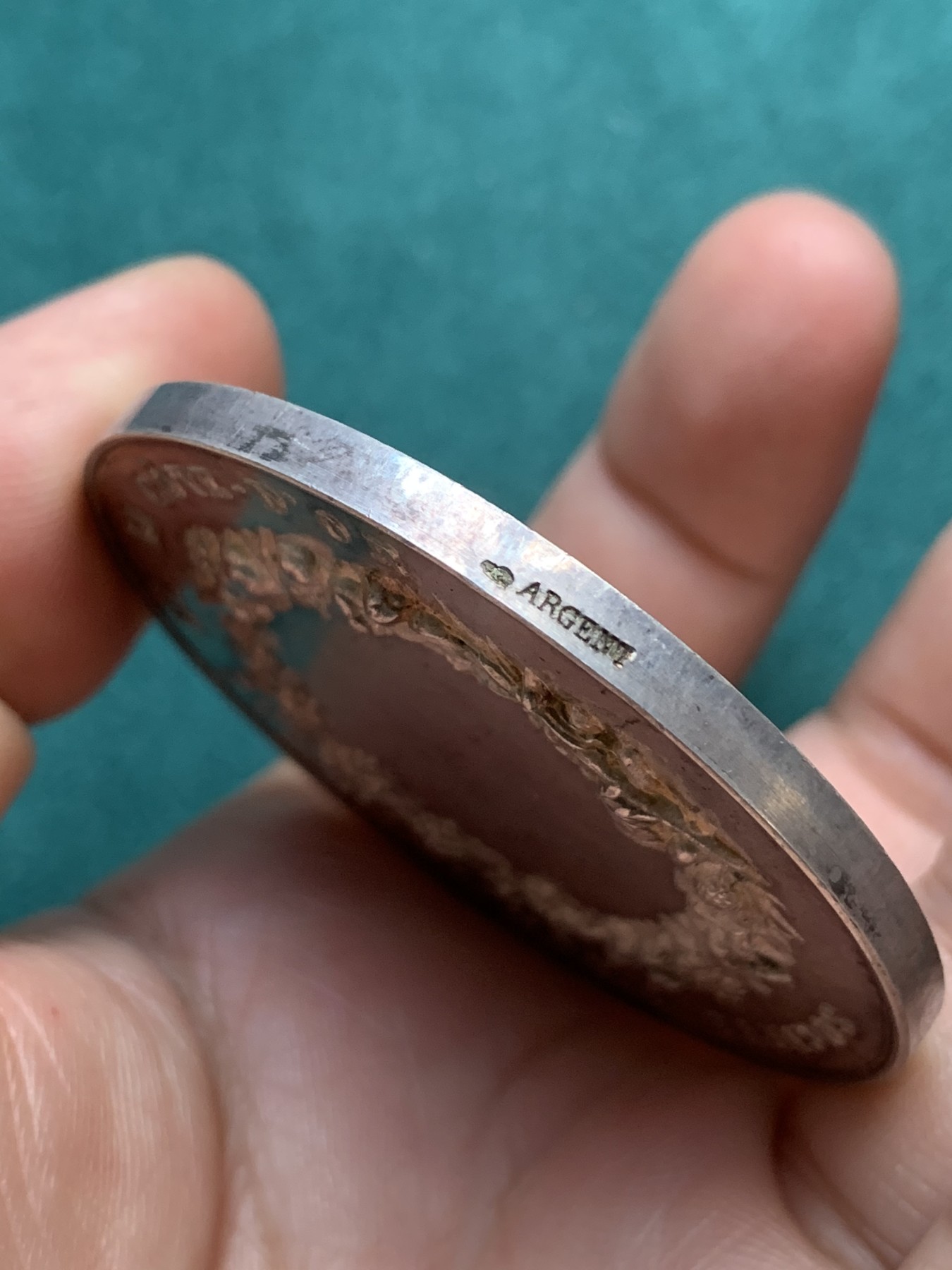 《竞宝斋》八角代币+章牌专场！第182场-周日，周一，周二 3场 (全场包邮) 法国黄金海岸园艺协会银章，71.2g，54.3mm，丰饶角边铭，品相完好，丝绸底光