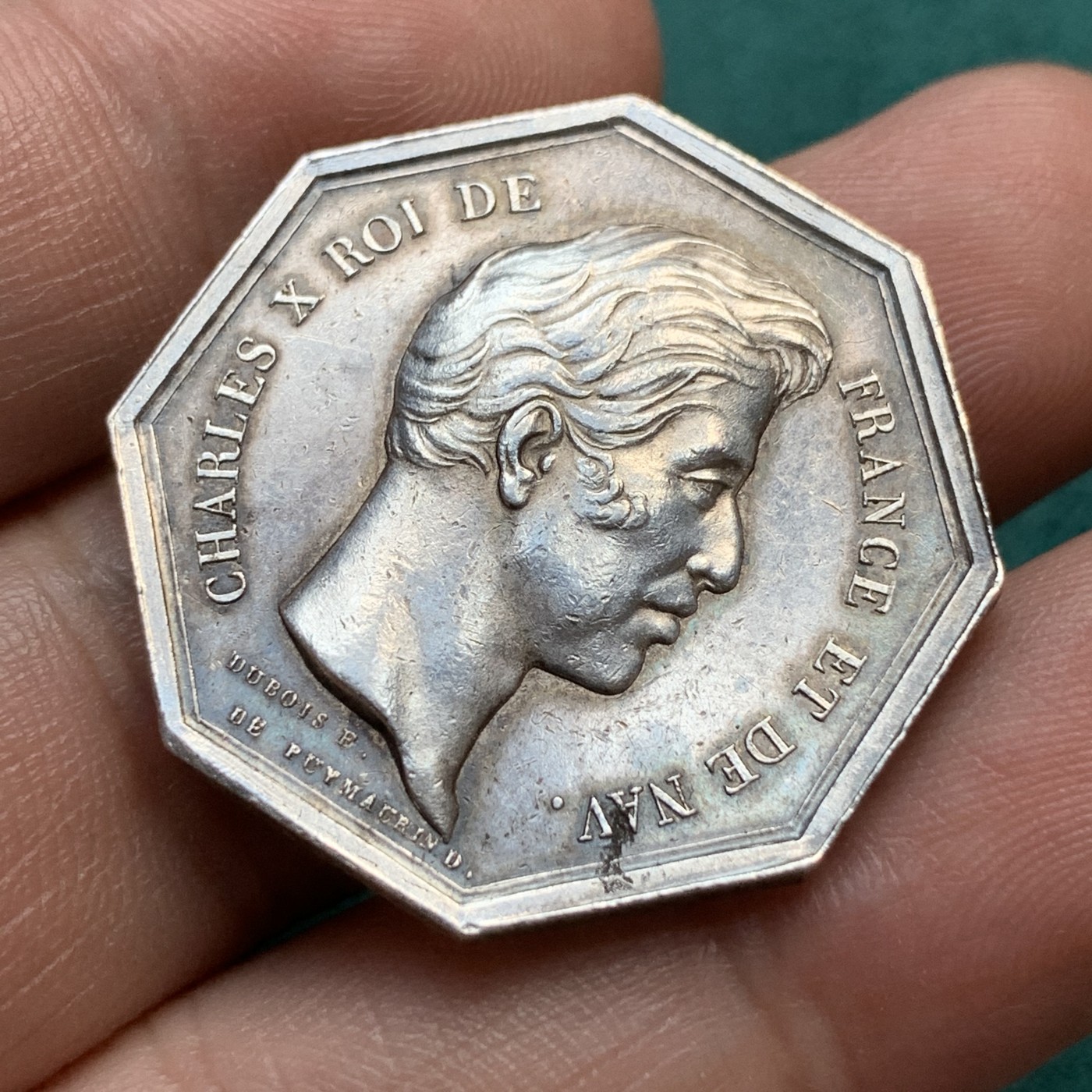 《竞宝斋》八角代币+章牌专场！第182场-周日，周一，周二 3场 (全场包邮) 法国八角银质代币，查理十世皇家医学院，13.37g，30.5mm，早期无边铭