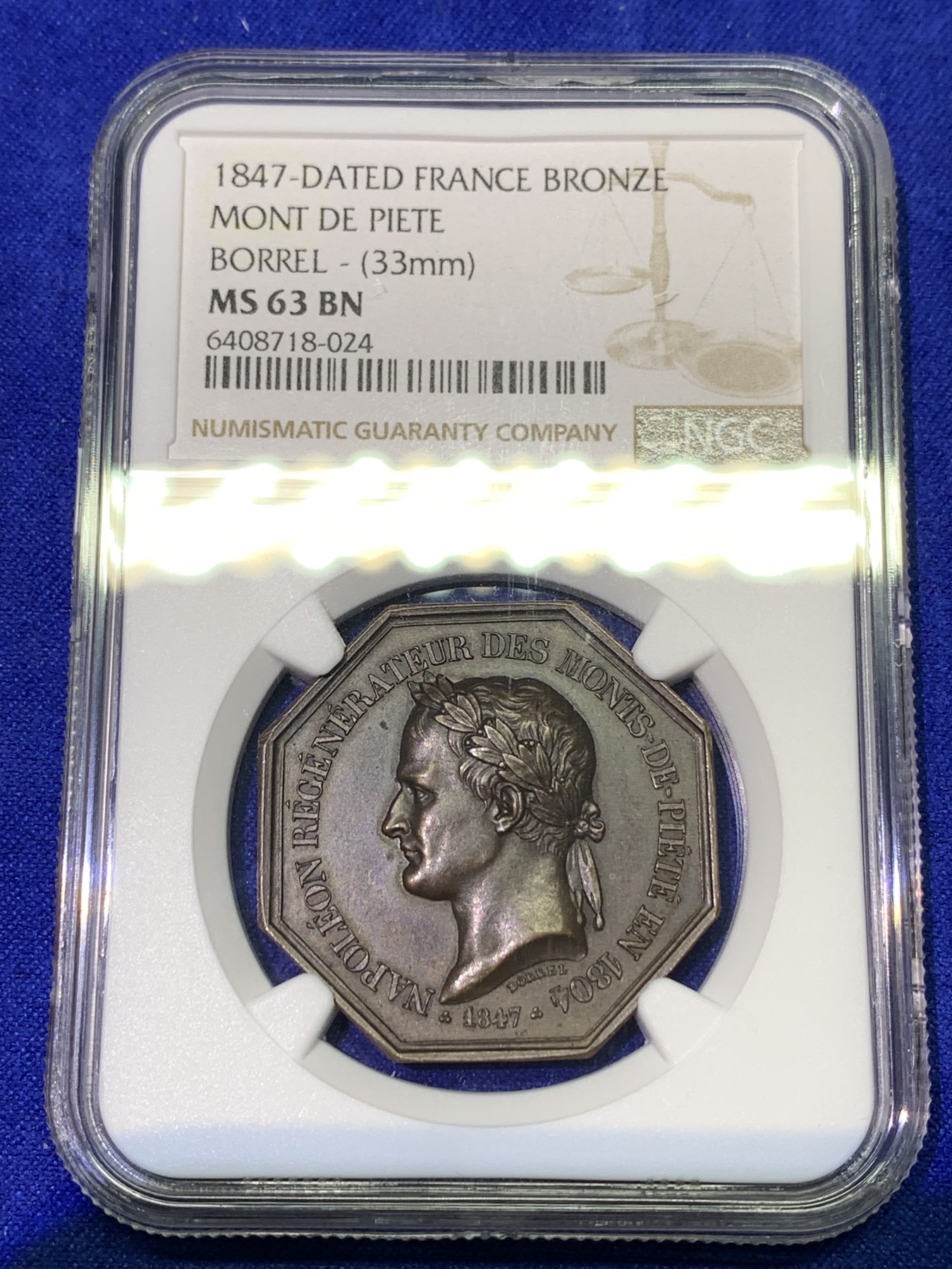 《竞宝斋》八角代币+章牌专场！第182场-周日，周一，周二 3场 (全场包邮) NGC-MS63 法国鲁昂的拿破仑一世蒙德皮埃特八角红铜代币