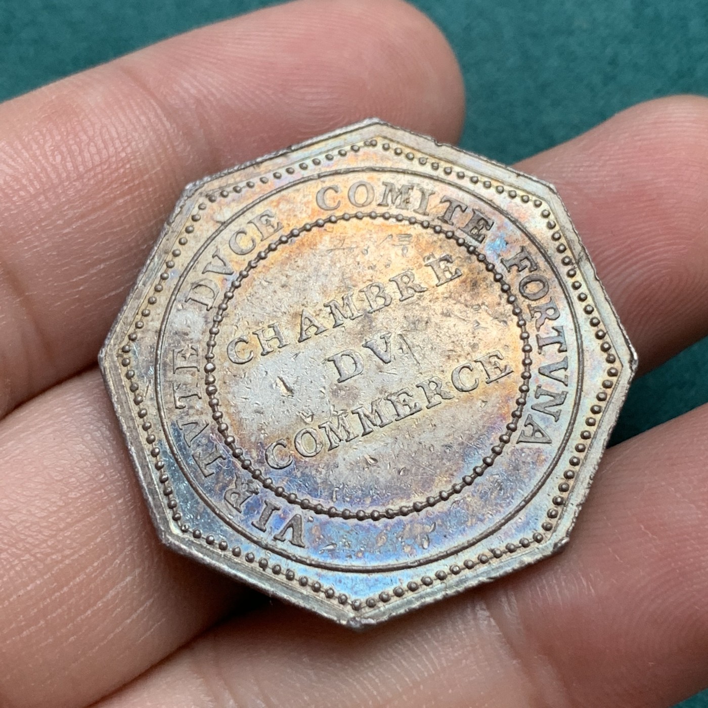 《竞宝斋》八角代币+章牌专场！第182场-周日，周一，周二 3场 (全场包邮) 法国里昂商会八角银质jeton，16.58g，32.5mm，早期无边铭