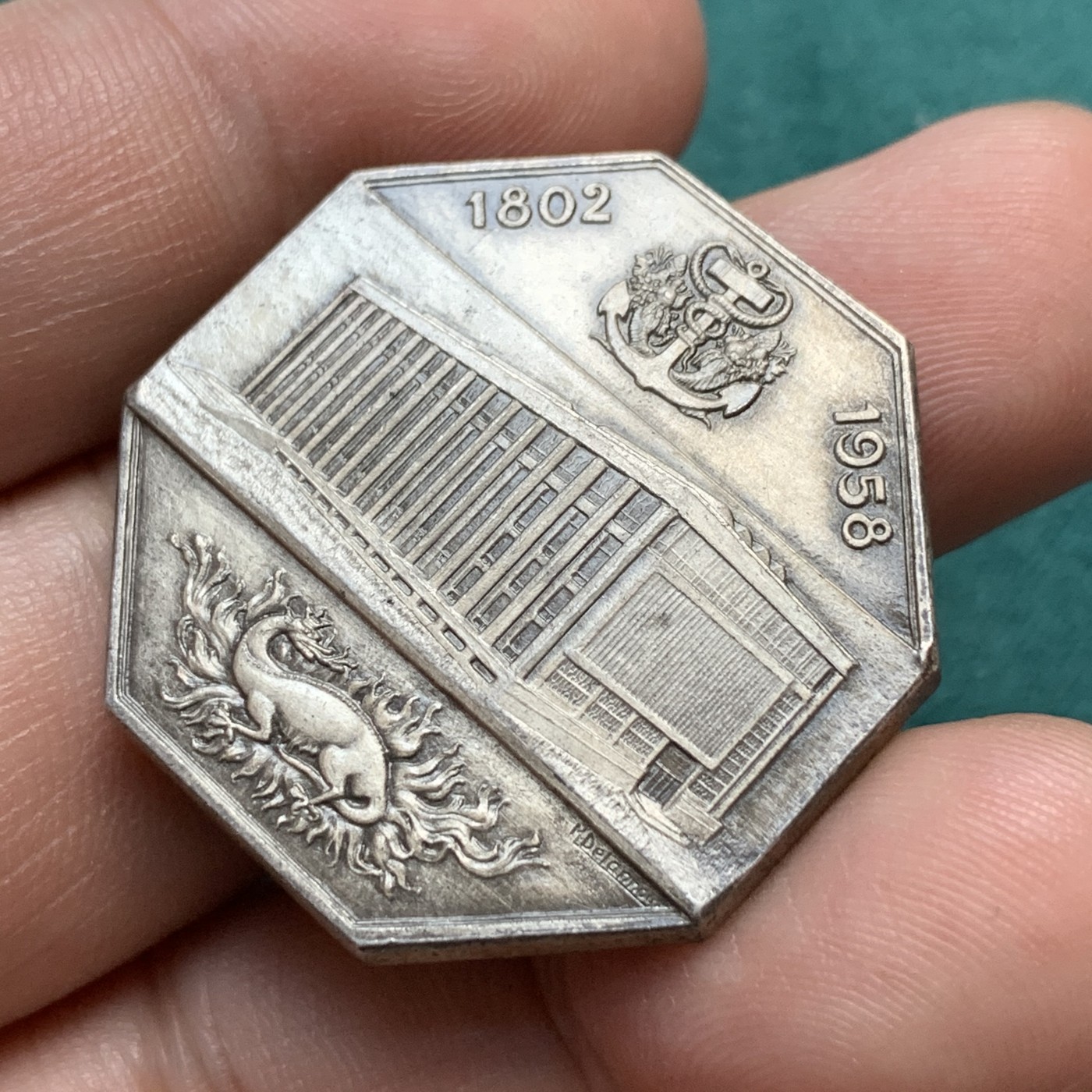 《竞宝斋》八角代币+章牌专场！第182场-周日，周一，周二 3场 (全场包邮) 法国勒阿弗尔商会八角银质jeton，19.50g，32.4mm，丰饶角+1银标