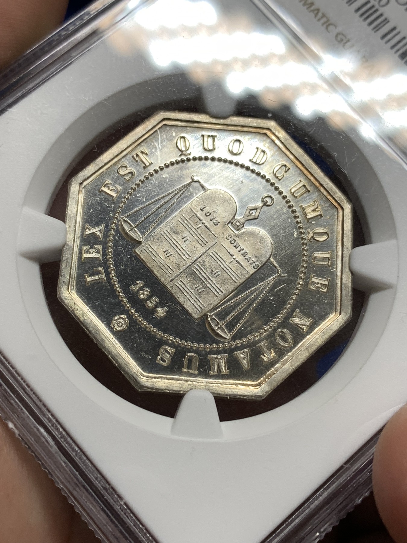 《竞宝斋》八角代币+章牌专场！第182场-周日，周一，周二 3场 (全场包邮) NGC-MS64PL镜面 1854年法国亚眠公证处八角银章代用币