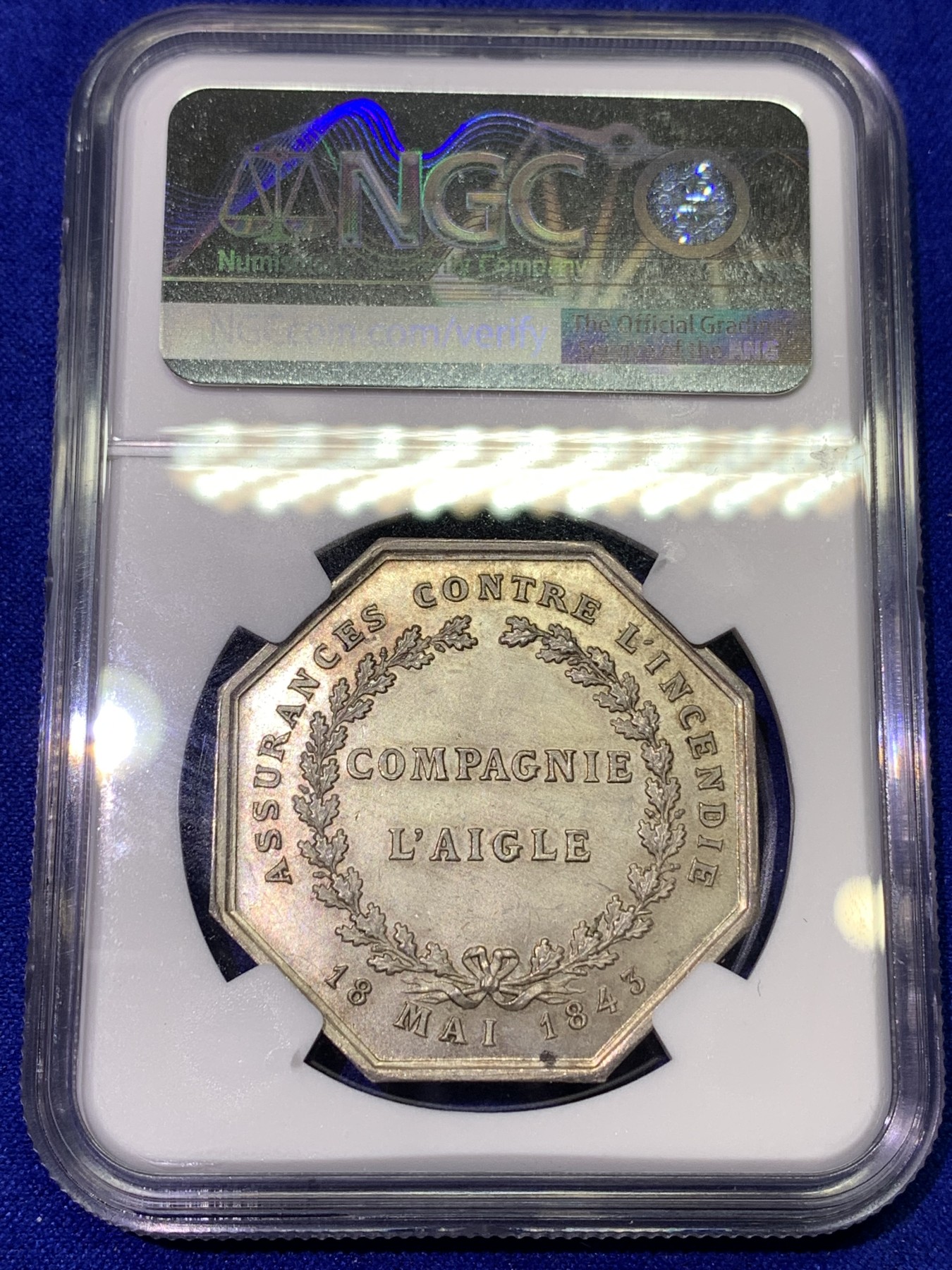 《竞宝斋》八角代币+章牌专场！第182场-周日，周一，周二 3场 (全场包邮) NGC-MS65 1843年法国雄鹰保险公司八角银质代币 顶级品相