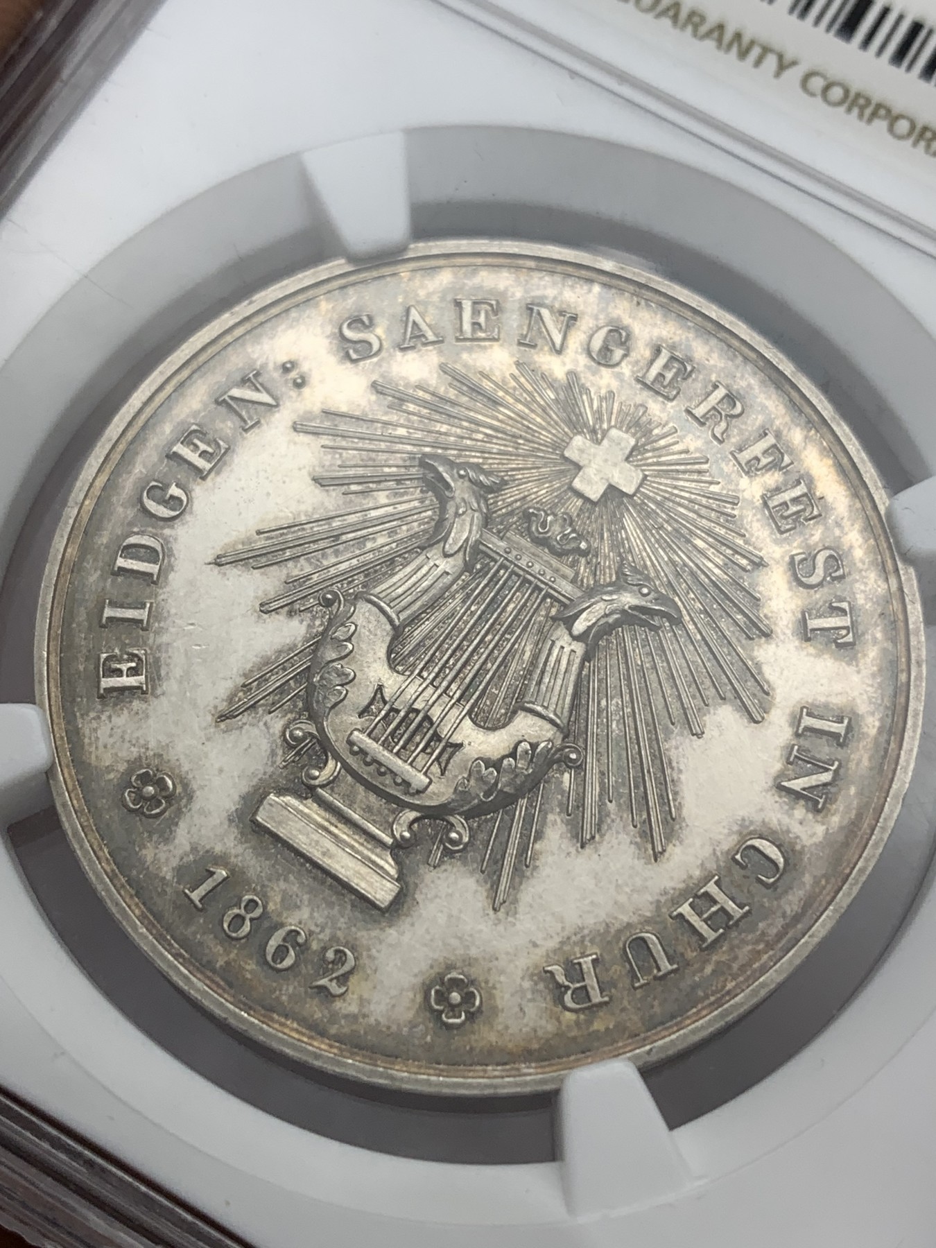 《竞宝斋》八角代币+章牌专场！第182场-周日，周一，周二 3场 (全场包邮)  NGC-MS61 1862 瑞士音乐节 纪念银章 包浆不错 背面绝了