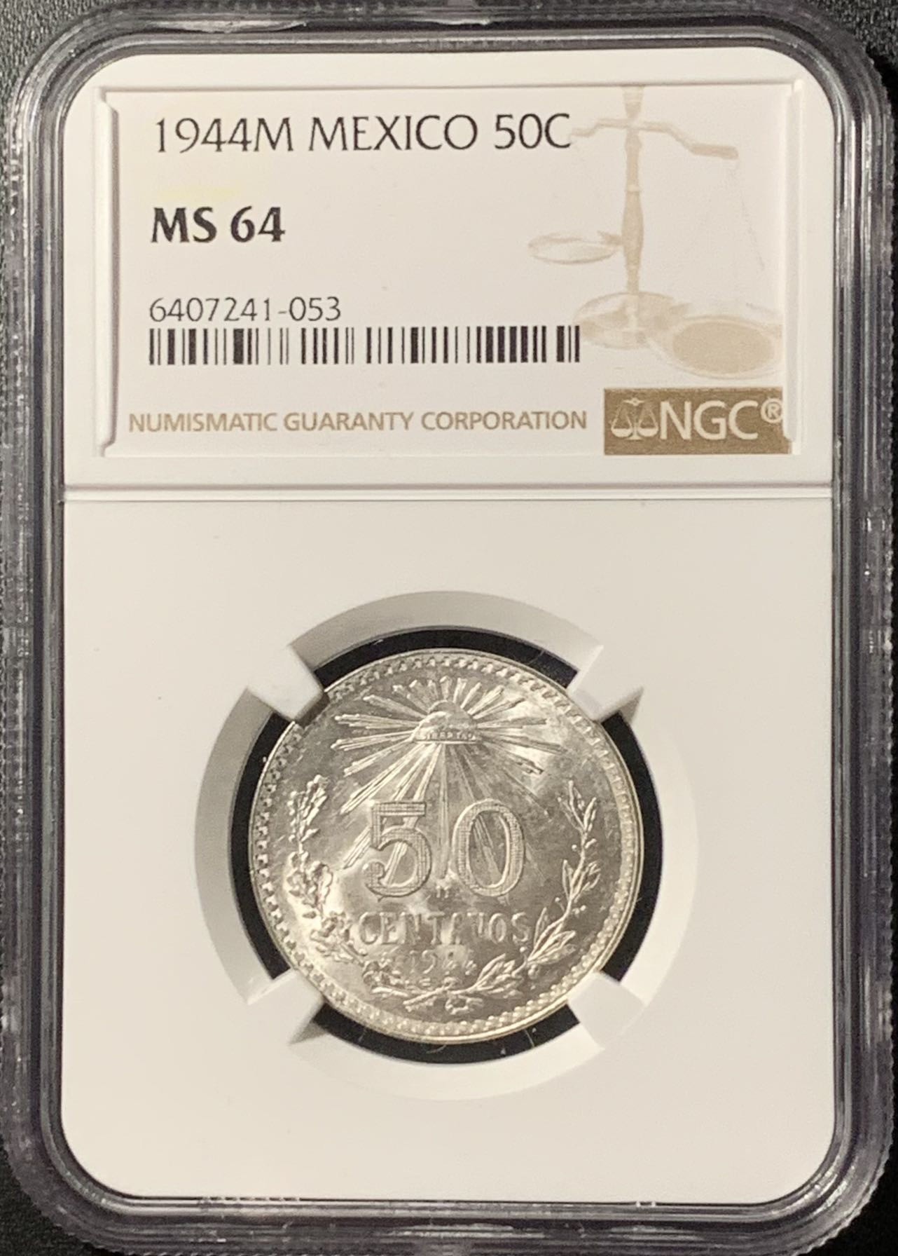 紫瑗钱币——第286期拍卖 墨西哥 1944年 M版 鹰洋 50分 银币 NGC MS64