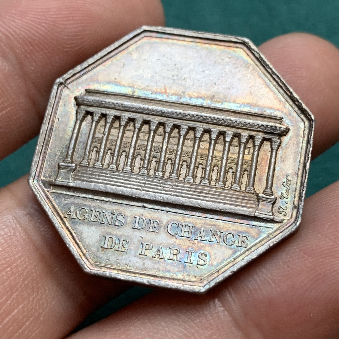 《竞宝斋》八角代币+章牌专场！第182场-周日，周一，周二 3场 (全场包邮) 法国八角银质jeton代币，路易十八时期巴黎股票经纪人，18.81g，33mm，1832年之前无边铭