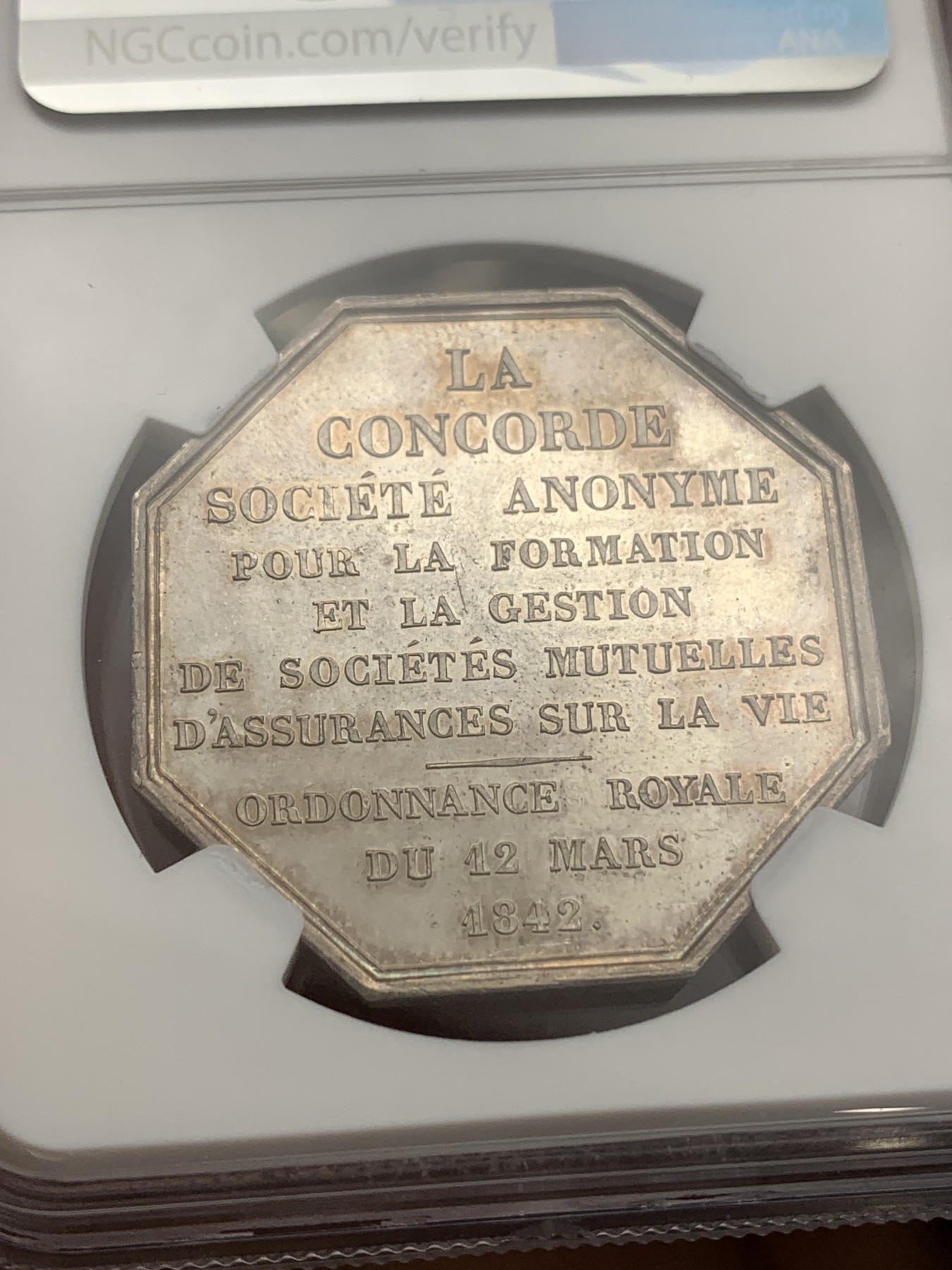 《竞宝斋》八角代币+章牌专场！第182场-周日，周一，周二 3场 (全场包邮) NGC-MS63法国人寿互助有限公司八角银质代币，拉罗什福科两兄弟侧面像，少见的船锚边铭（1841-1842），瑞士名家Bovy作品