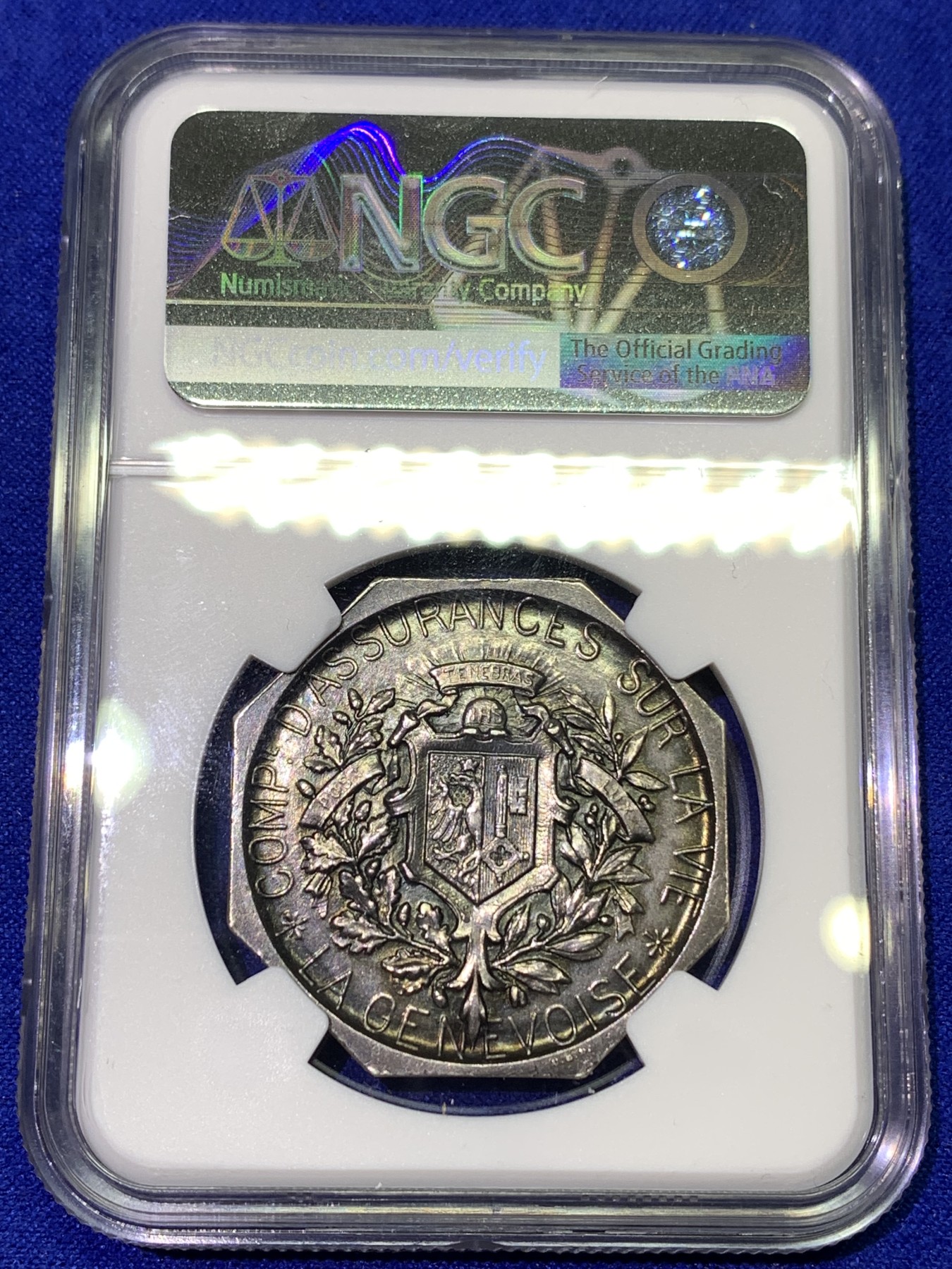 《竞宝斋》八角代币+章牌专场！第182场-周日，周一，周二 3场 (全场包邮) NGC-MS63 瑞士播种八角银质代币，极少见的瑞士八角，工艺一如既往 近25克厚重，极舒适的油性包浆