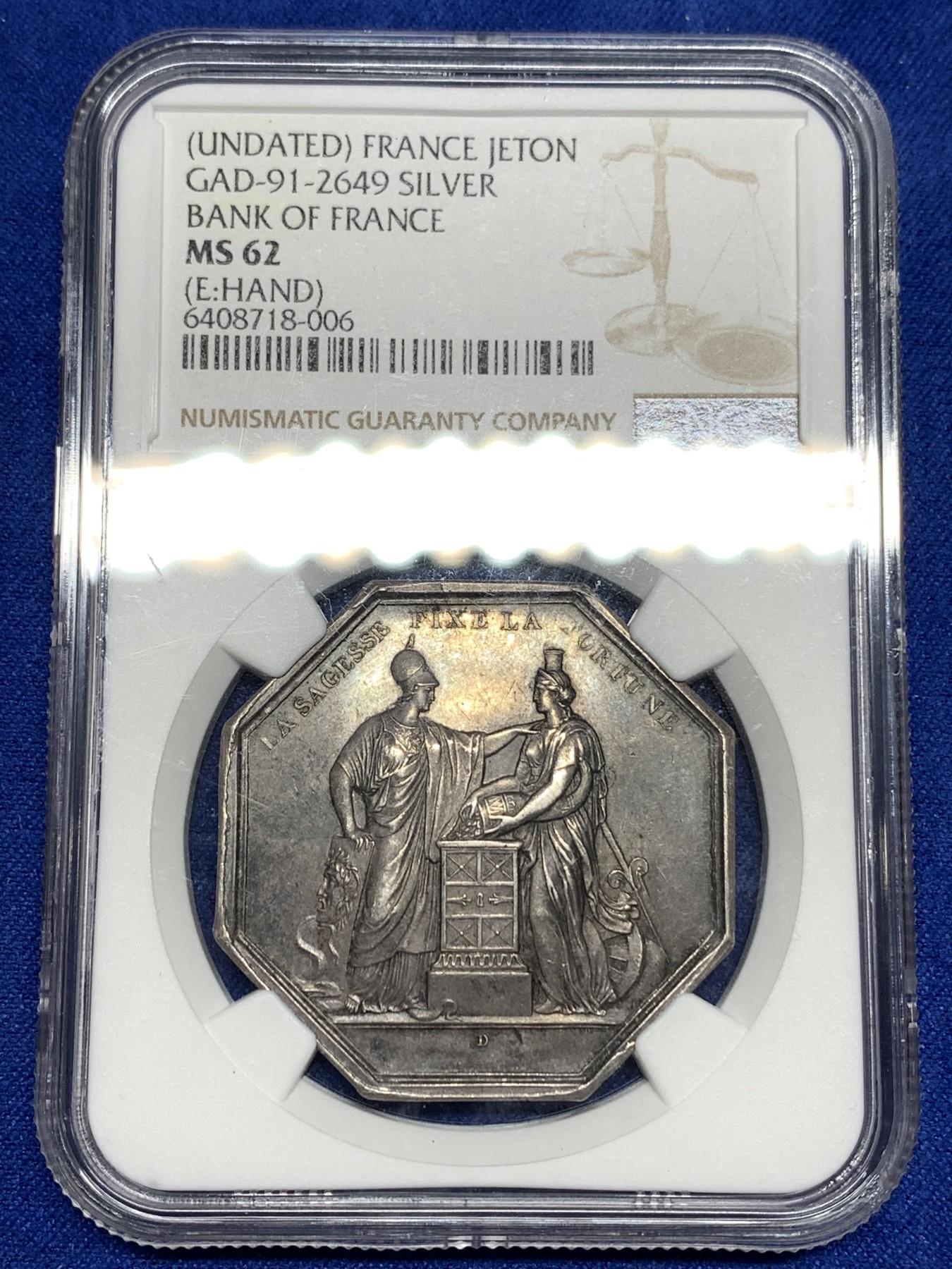 《竞宝斋》八角代币+章牌专场！第182场-周日，周一，周二 3场 (全场包邮) NGC-MS62 1800年法国法兰西银行成立JETON银质八角，背面无绶带版