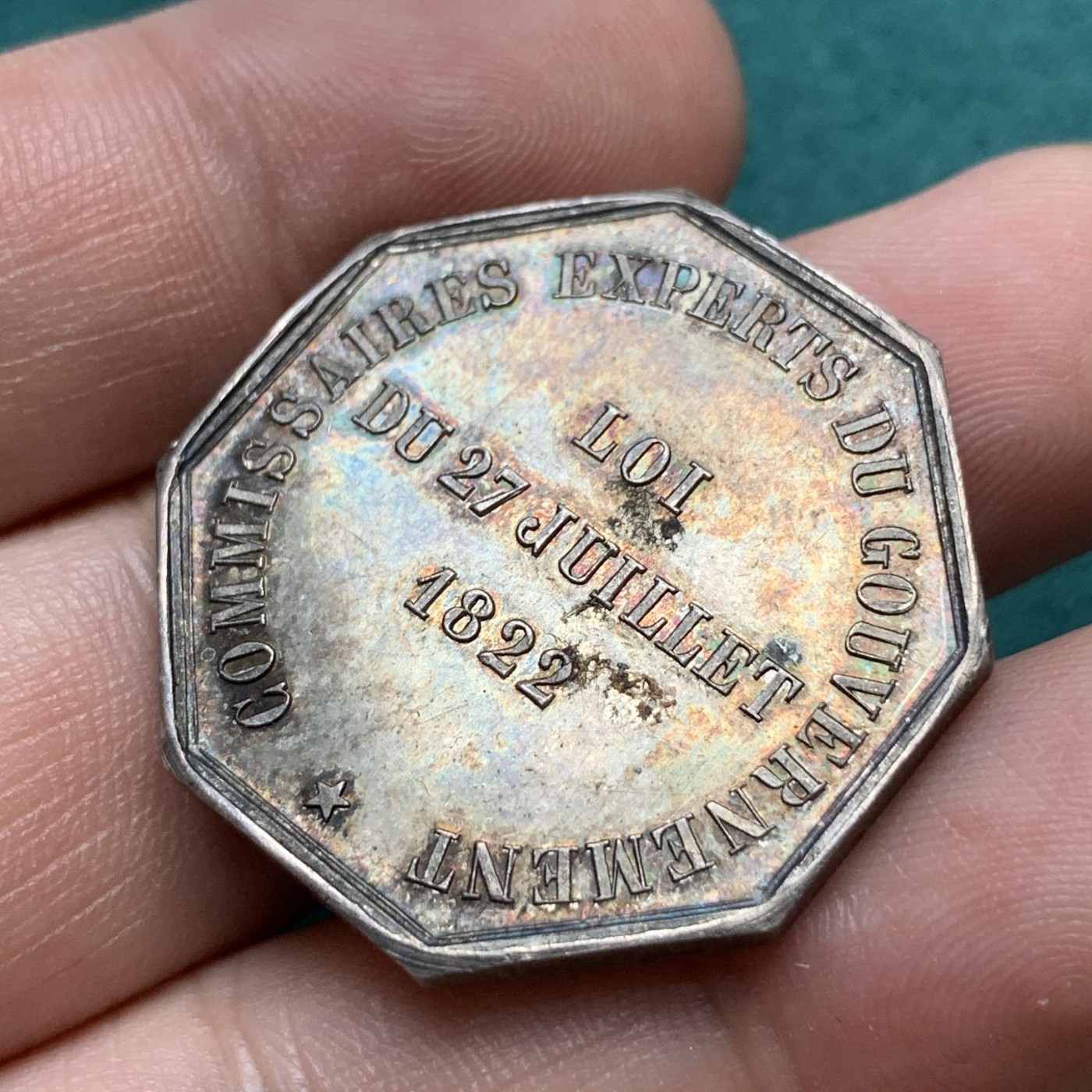 《竞宝斋》八角代币+章牌专场！第182场-周日，周一，周二 3场 (全场包邮) 法国 政府专家专员JETON银质八角代币，16.00g，31mm，蜜蜂边铭，黄油彩