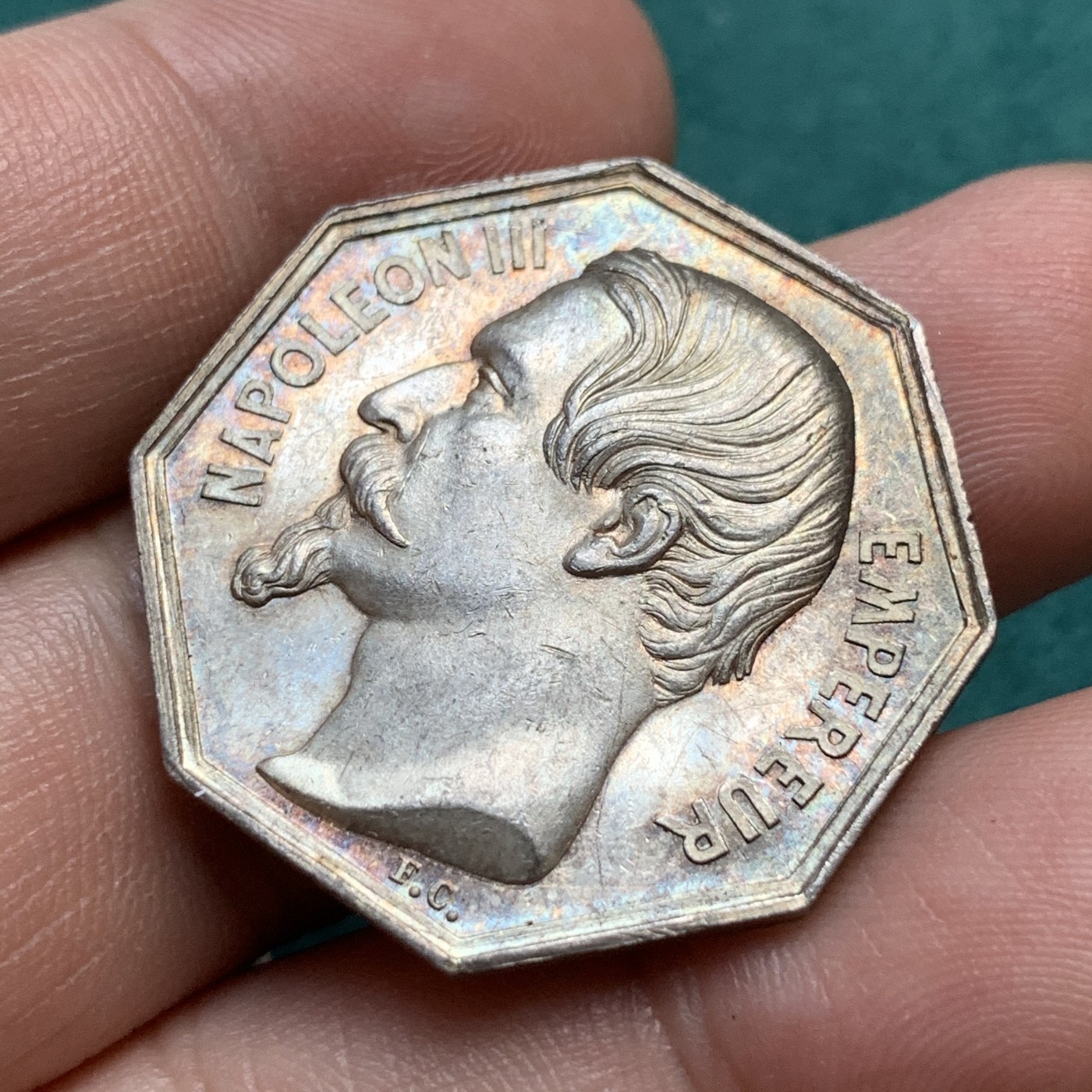 《竞宝斋》八角代币+章牌专场！第182场-周日，周一，周二 3场 (全场包邮) 法国八角银章，卢瓦尔地区沙托当公证处，12.56g，31mm，手指边铭