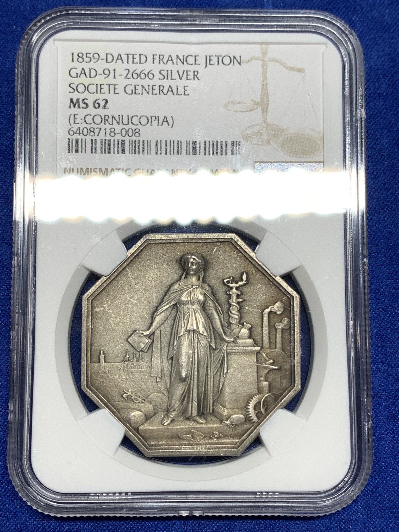 《竞宝斋》八角代币+章牌专场！第182场-周日，周一，周二 3场 (全场包邮) NGC-MS62 法国工商信贷银行八角银质代币