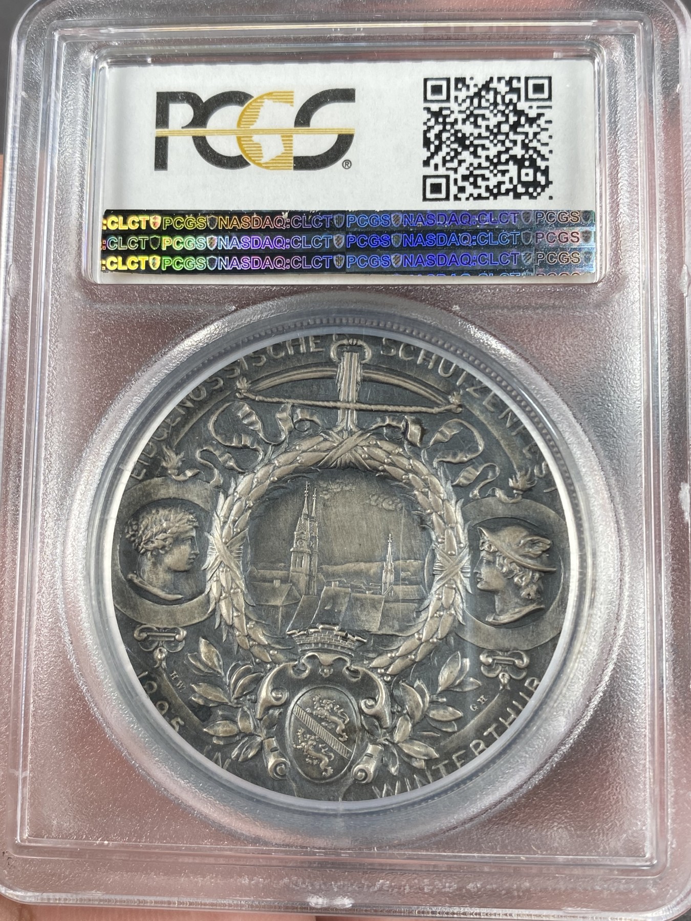 万国钱币拍卖第012期（视频直播专场） PCGS SP64 1887年瑞士苏黎世射击节女神景观大银章，磨砂精制，顶级品相，pc冠军分。