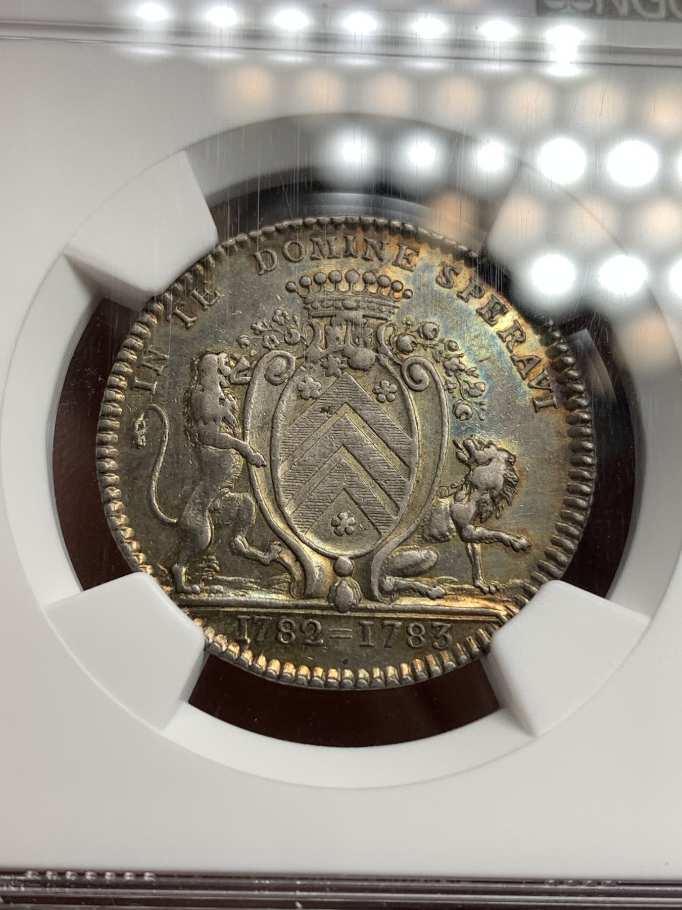 《竞宝斋》八角代币+章牌专场！第182场-周日，周一，周二 3场 (全场包邮) NGC AU53 法国南特1782年 双狮盾牌 银制JETON 好品五彩包浆