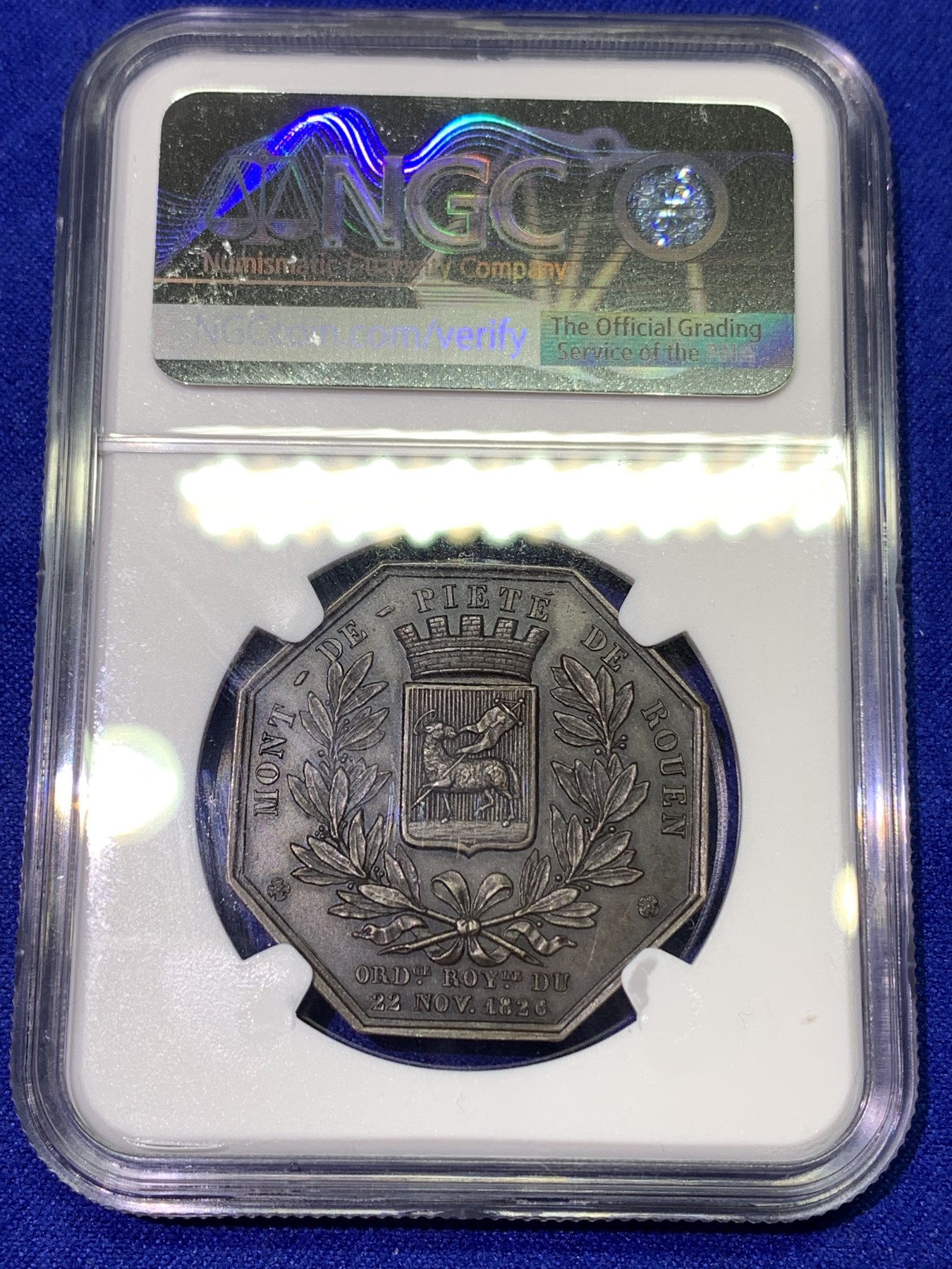 《竞宝斋》八角代币+章牌专场！第182场-周日，周一，周二 3场 (全场包邮) NGC-MS63 法国鲁昂的拿破仑一世蒙德皮埃特八角红铜代币