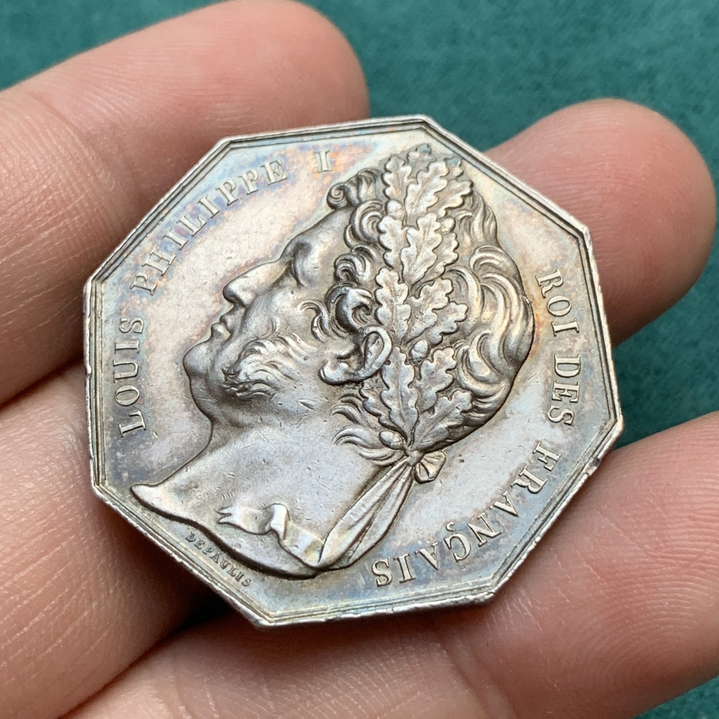 《竞宝斋》八角代币+章牌专场！第182场-周日，周一，周二 3场 (全场包邮) 法国八角银章，里尔银行，18.31g，34.4mm，蜜蜂边铭