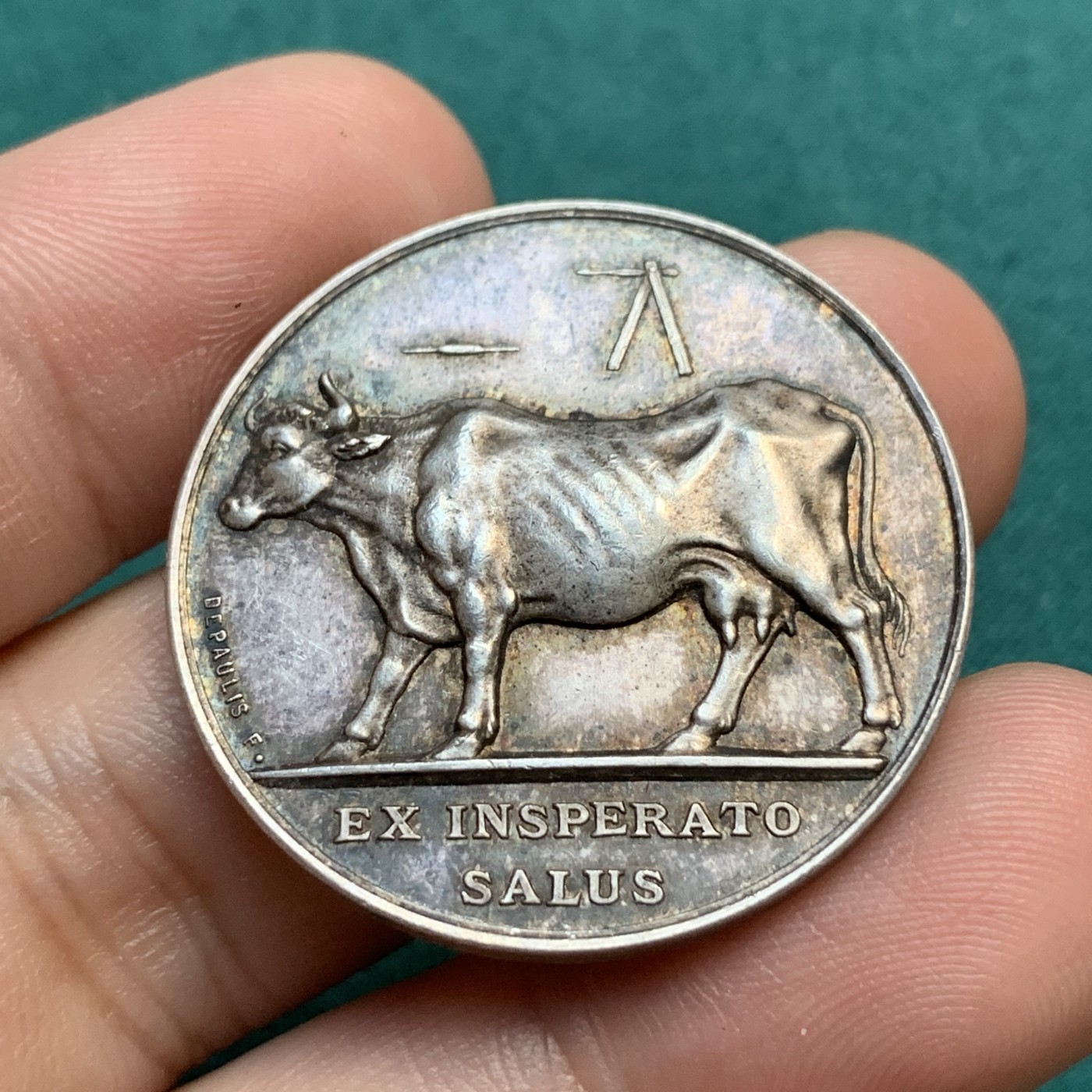 《竞宝斋》八角代币+章牌专场！第182场-周日，周一，周二 3场 (全场包邮) 法国牛痘疫苗种植纪念银质jeton，16.16g，32.5mm，丰饶角边铭