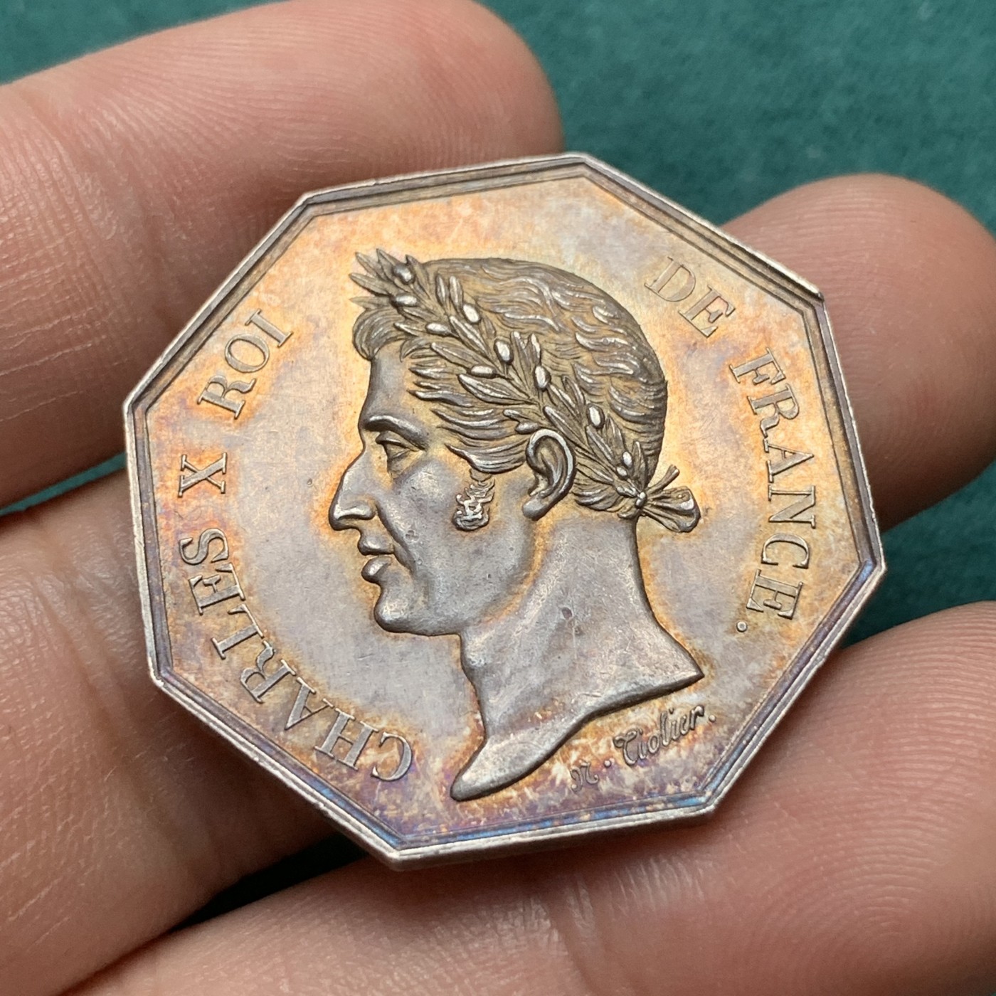 《竞宝斋》八角代币+章牌专场！第182场-周日，周一，周二 3场 (全场包邮) 法国勒阿弗尔商会八角银质jeton，14.55g，31.8mm，早期无边铭