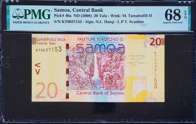 世界靓号纸钞第二十四期-萨摩亚68分全网首拍 - 2008年萨摩亚20塔拉 无4 该钞是仅次于乌干达大猩猩 最佳纸币中最难出分的一张 PMG68 冠军分 只有三张 由于两张已经出来很多年了但是不见踪影 因此68分能拿出来卖的也就这一张而已