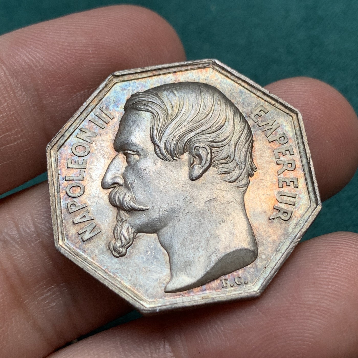 《竞宝斋》八角代币+章牌专场！第182场-周日，周一，周二 3场 (全场包邮) 法国八角银章，卢瓦尔地区沙托当公证处，12.56g，31mm，手指边铭