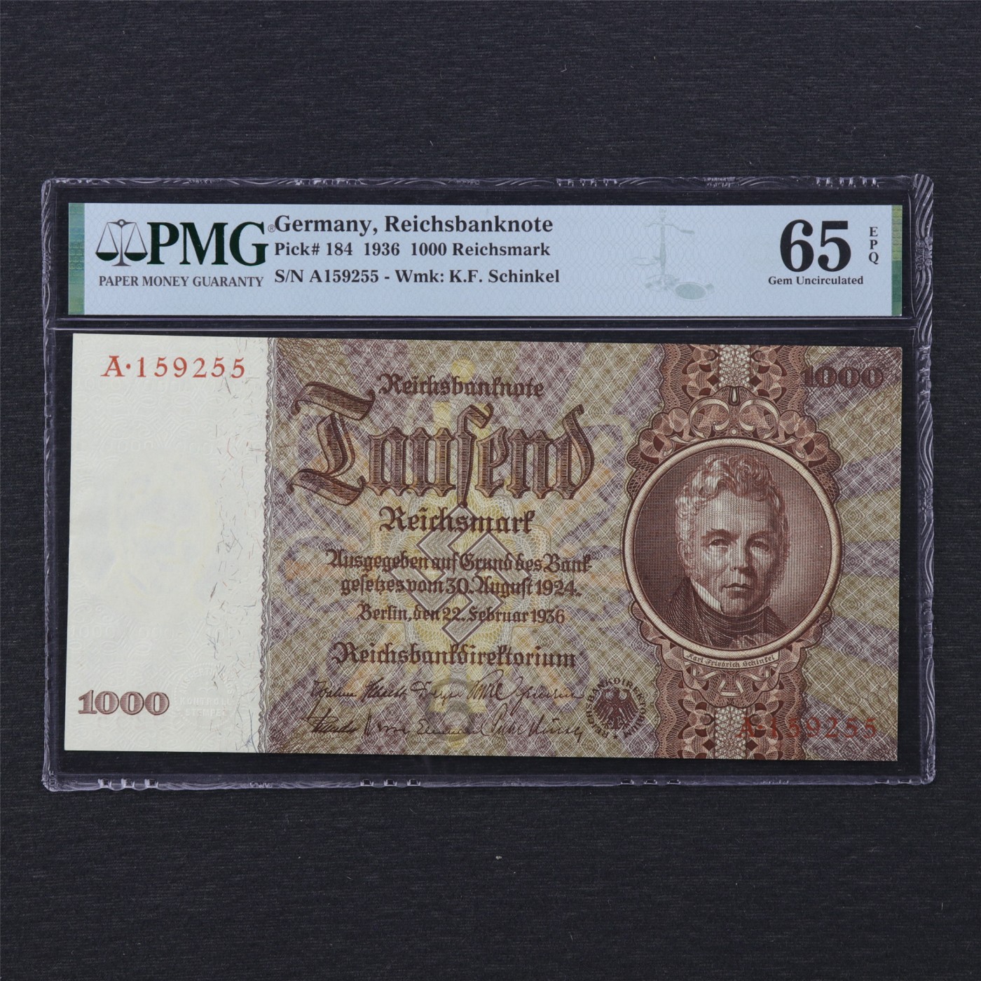 【亘邦集藏】第163期拍卖 1936年 德国1000马克 PMG 65EPQ A159255