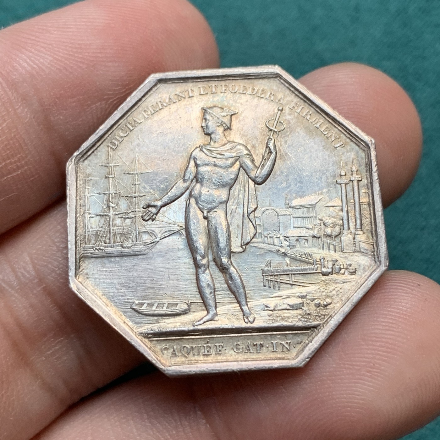 《竞宝斋》八角代币+章牌专场！第182场-周日，周一，周二 3场 (全场包邮) 法国八角银章，波尔多商会，12.53g，30.5mm，蜜蜂边铭，金黄包浆，细节丰富