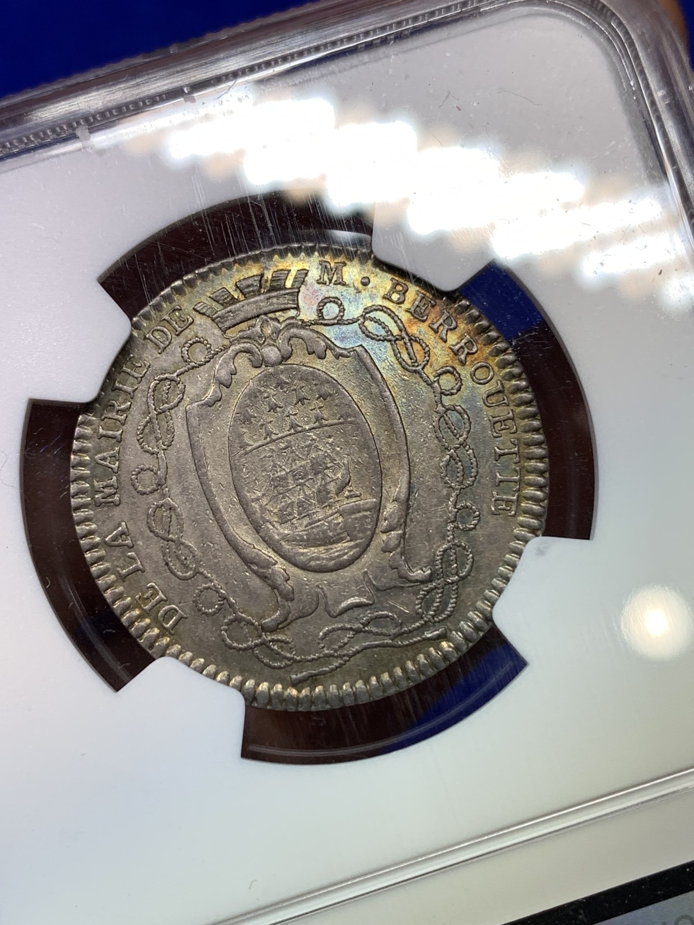 《竞宝斋》八角代币+章牌专场！第182场-周日，周一，周二 3场 (全场包邮) NGC AU53 法国南特1782年 双狮盾牌 银制JETON 好品五彩包浆