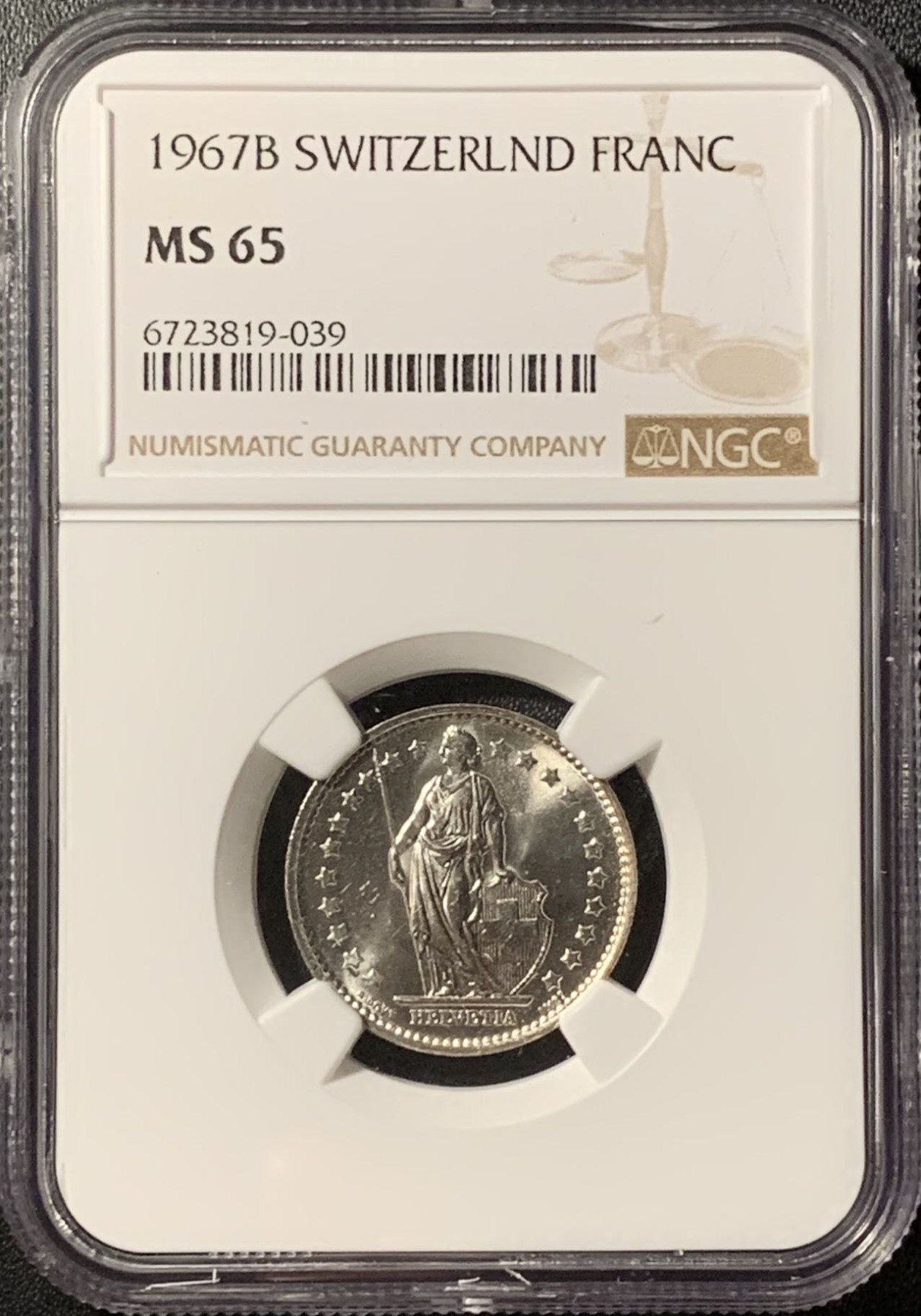 紫瑗钱币——第286期拍卖 瑞士 1967年 B版 赫尔维蒂亚 1法郎 银币 NGC MS65