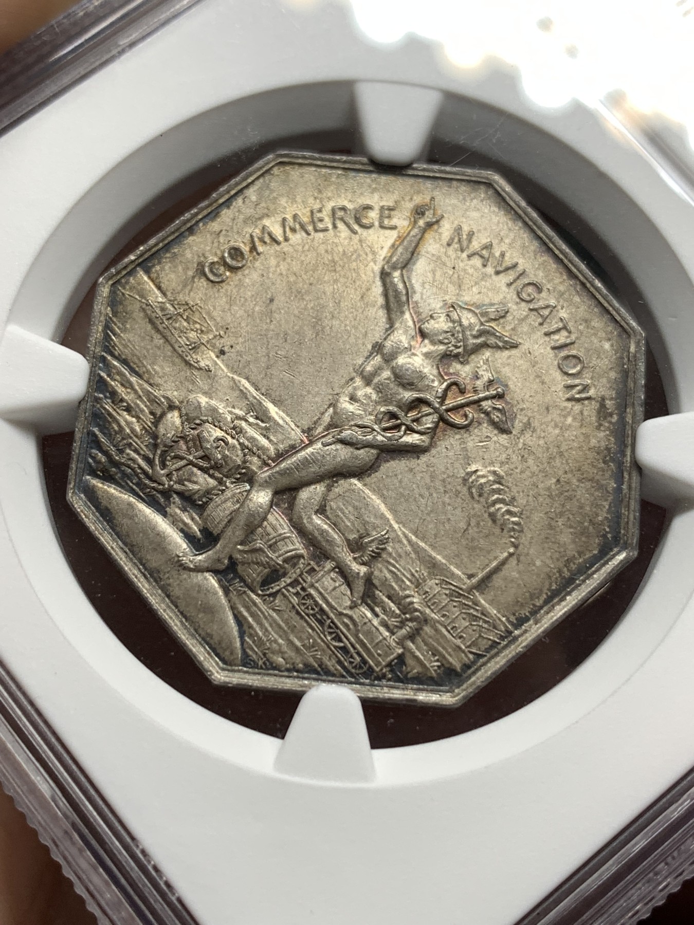 《竞宝斋》八角代币+章牌专场！第182场-周日，周一，周二 3场 (全场包邮) NGC-MS63 法国罗纳商会八角银质代币，奔跑的墨丘利