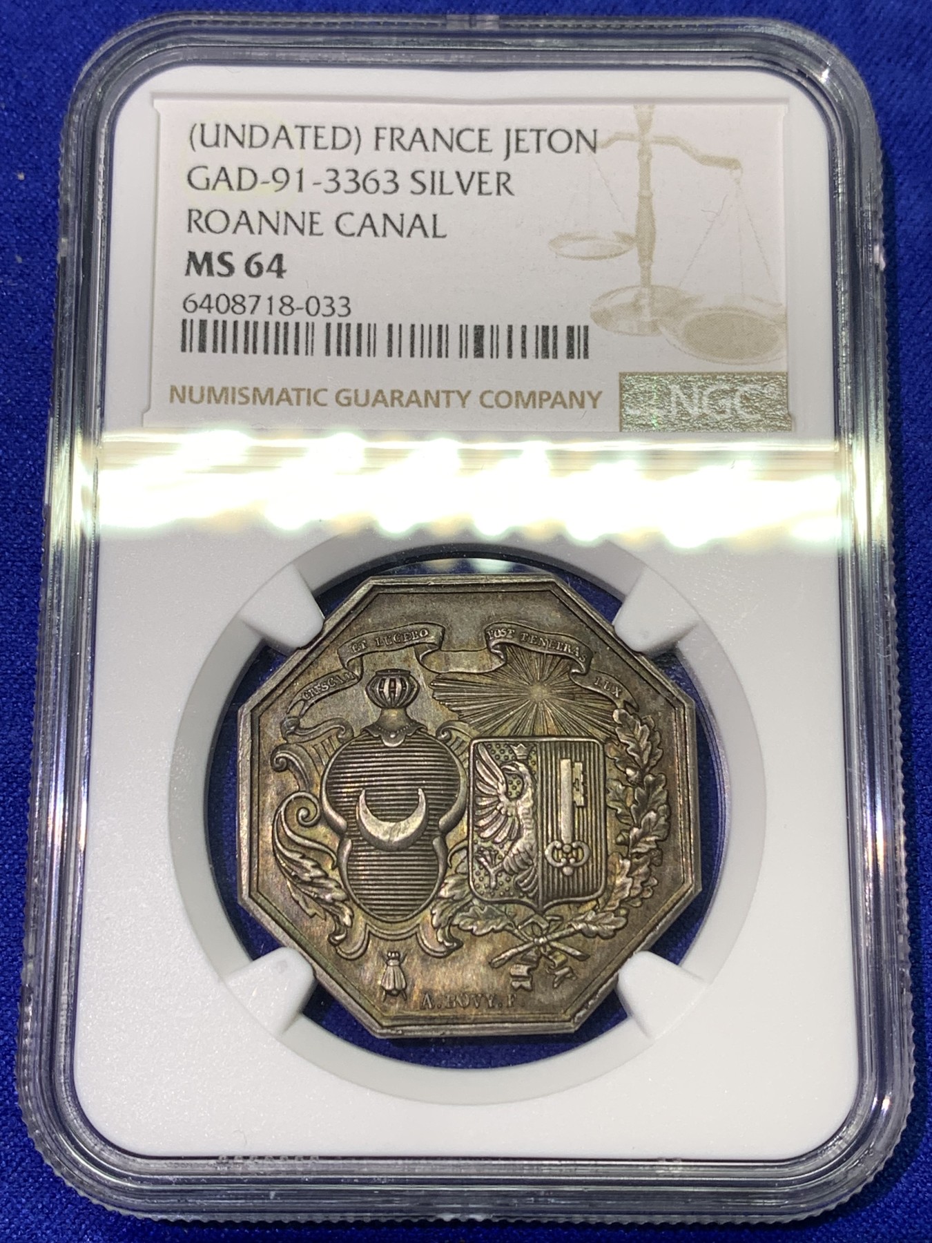 《竞宝斋》八角代币+章牌专场！第182场-周日，周一，周二 3场 (全场包邮) NGC-MS64法国罗纳运河八角银质代币，瑞士名家Bovy作品 1832年之前无边铭