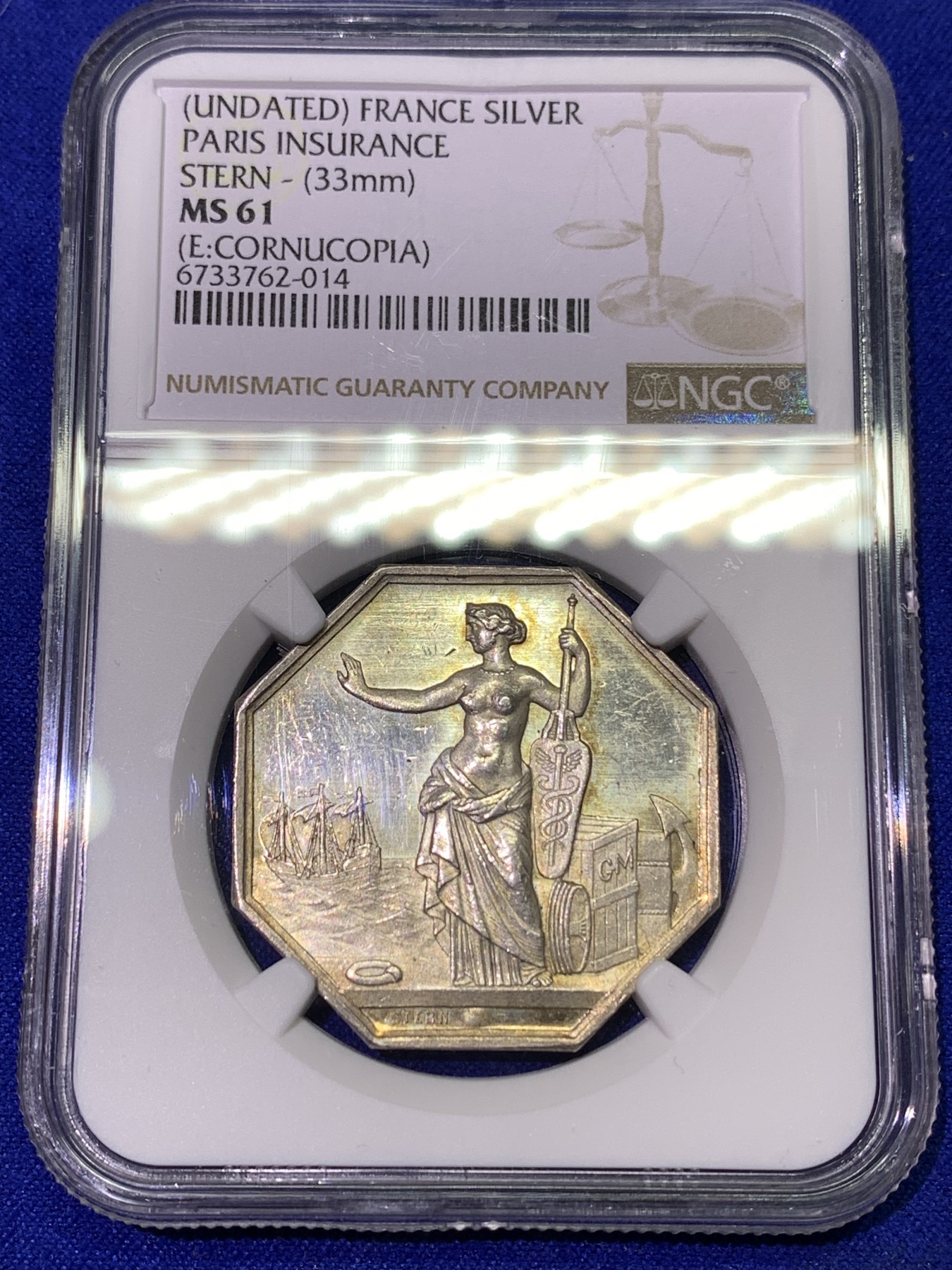 《竞宝斋》八角代币+章牌专场！第182场-周日，周一，周二 3场 (全场包邮) NGC MS61 法国  巴黎保险  银质八角代币 少见品种 背景的帆船细节太好了