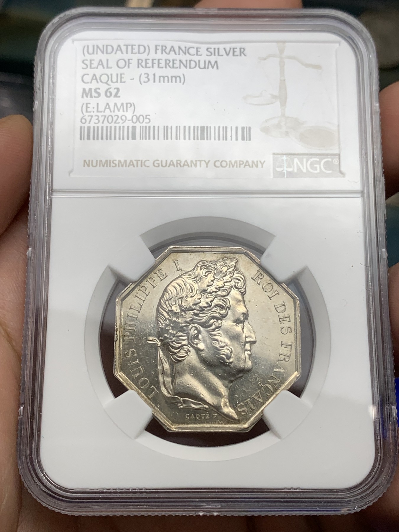 《竞宝斋》八角代币+章牌专场！第182场-周日，周一，周二 3场 (全场包邮) NGC MS62 法国 法兰西 菲利普像 银质八角代币 少见品种 盔甲细腻