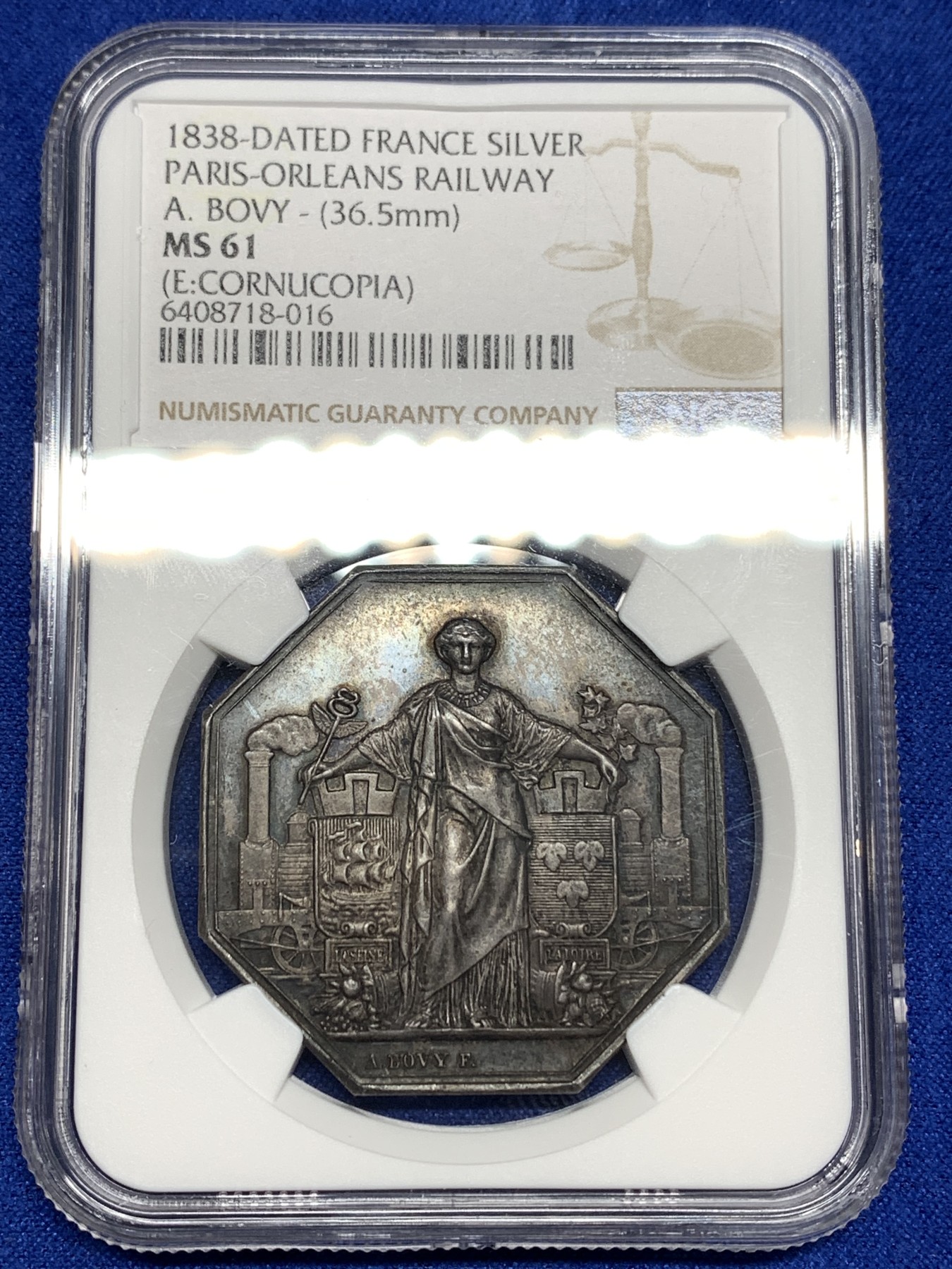 《竞宝斋》八角代币+章牌专场！第182场-周日，周一，周二 3场 (全场包邮) NGC-MS61 法国巴黎奥尔良铁路通车纪念八角银质代币，名家Bovy作品