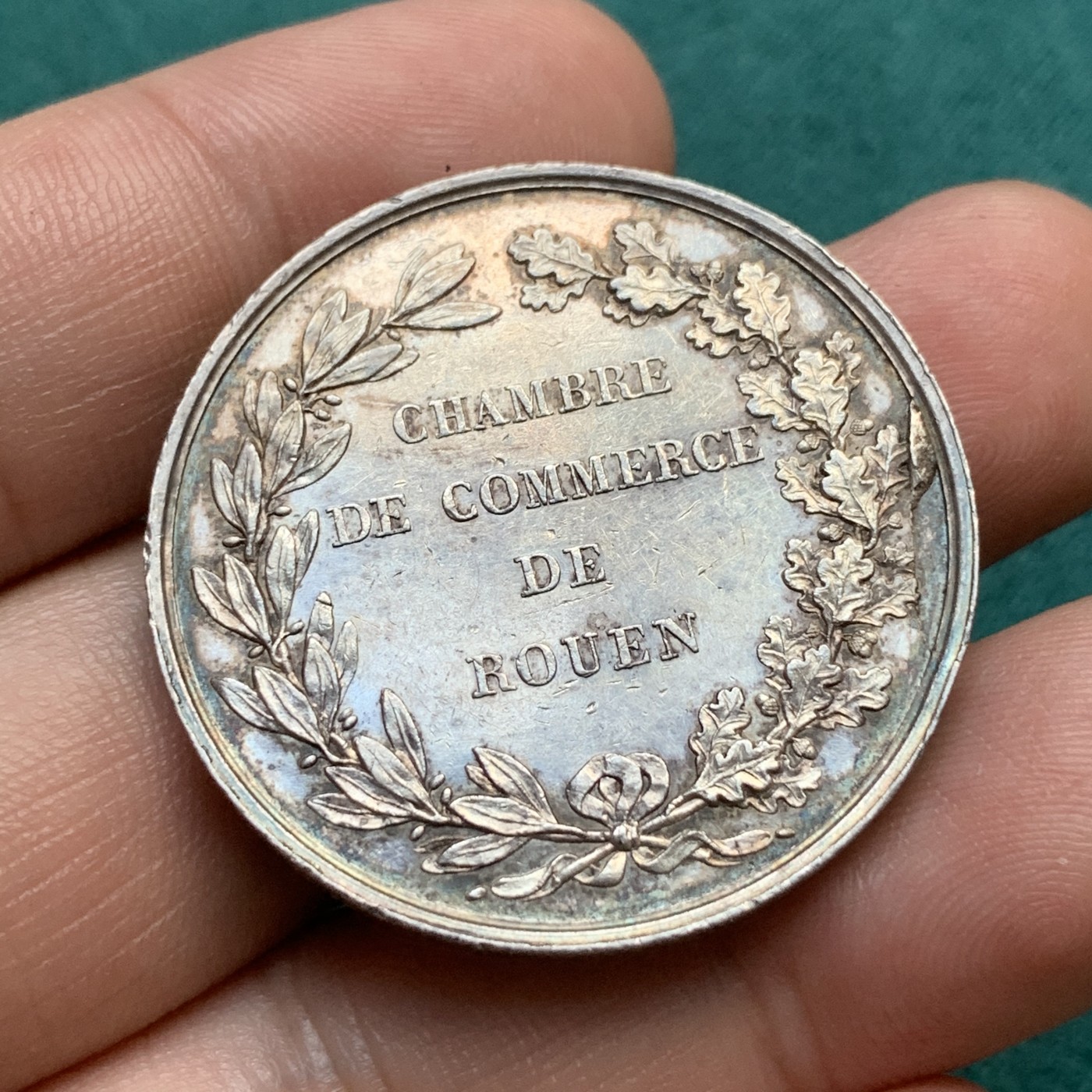 《竞宝斋》八角代币+章牌专场！第182场-周日，周一，周二 3场 (全场包邮) 法国鲁昂商会银章，17.46g，35.2mm，早期无边铭