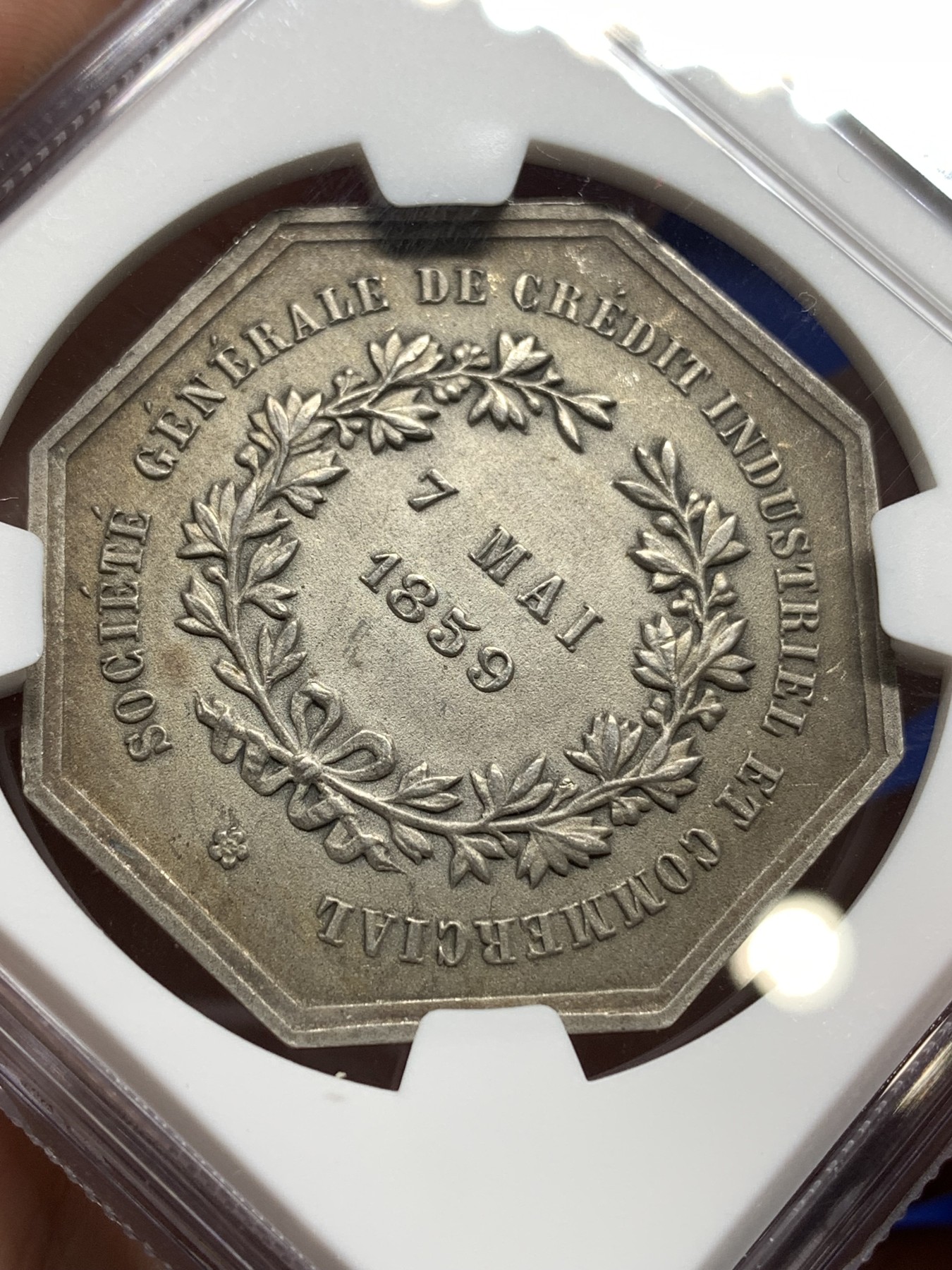 《竞宝斋》八角代币+章牌专场！第182场-周日，周一，周二 3场 (全场包邮) NGC-MS62 法国工商信贷银行八角银质代币