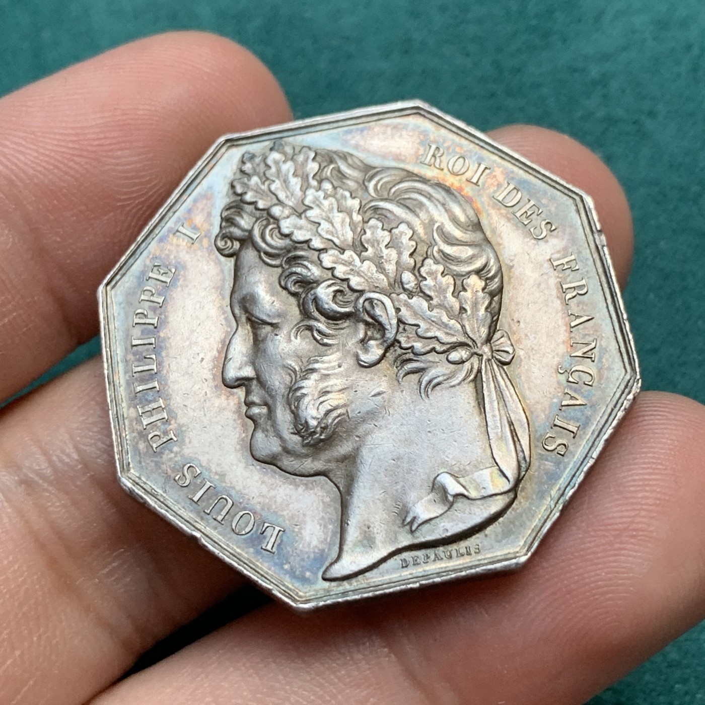 《竞宝斋》八角代币+章牌专场！第182场-周日，周一，周二 3场 (全场包邮) 法国八角银章，里尔银行，18.31g，34.4mm，蜜蜂边铭