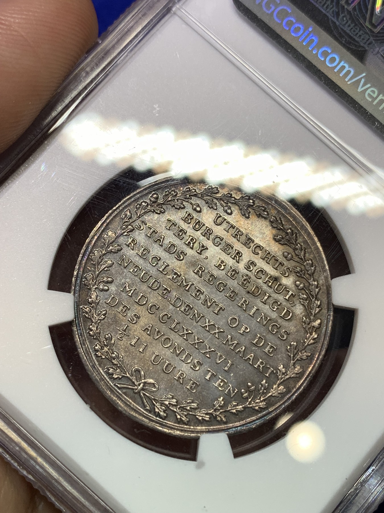 《竞宝斋》八角代币+章牌专场！第182场-周日，周一，周二 3场 (全场包邮) NGC MS65 荷兰 乌特勒支 1786年 五彩银章 极少品种 裸章 22年150美元成交  本拍品MS65 很难超越