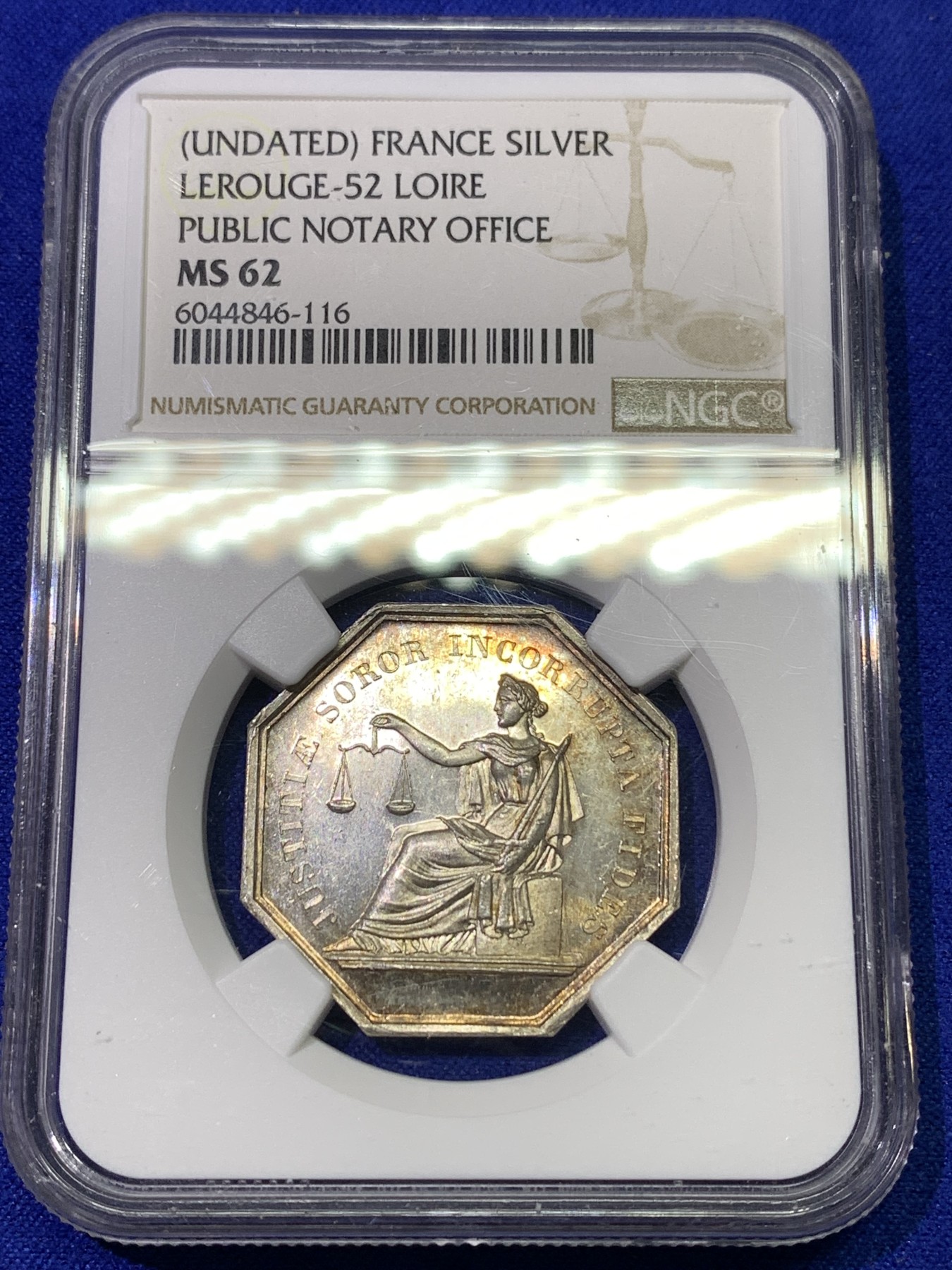 《竞宝斋》八角代币+章牌专场！第182场-周日，周一，周二 3场 (全场包邮) NGC MS62 法国 卢瓦尔公证人 银质 八角代币 原光靓丽 包浆漂亮