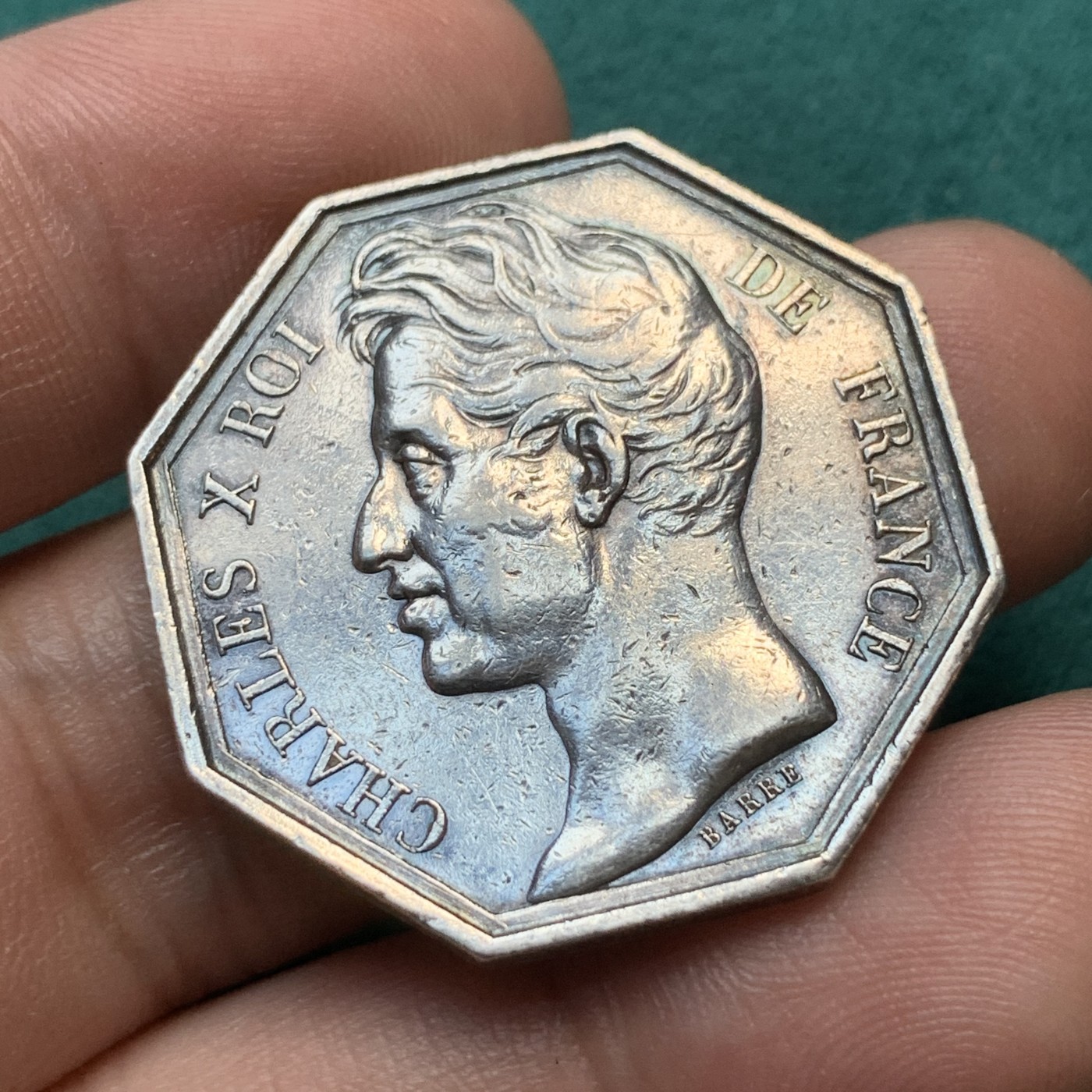 《竞宝斋》八角代币+章牌专场！第182场-周日，周一，周二 3场 (全场包邮) 法国八角银质代币，莫仑区公证人协会，15.03g，31.6mm，早期无边铭