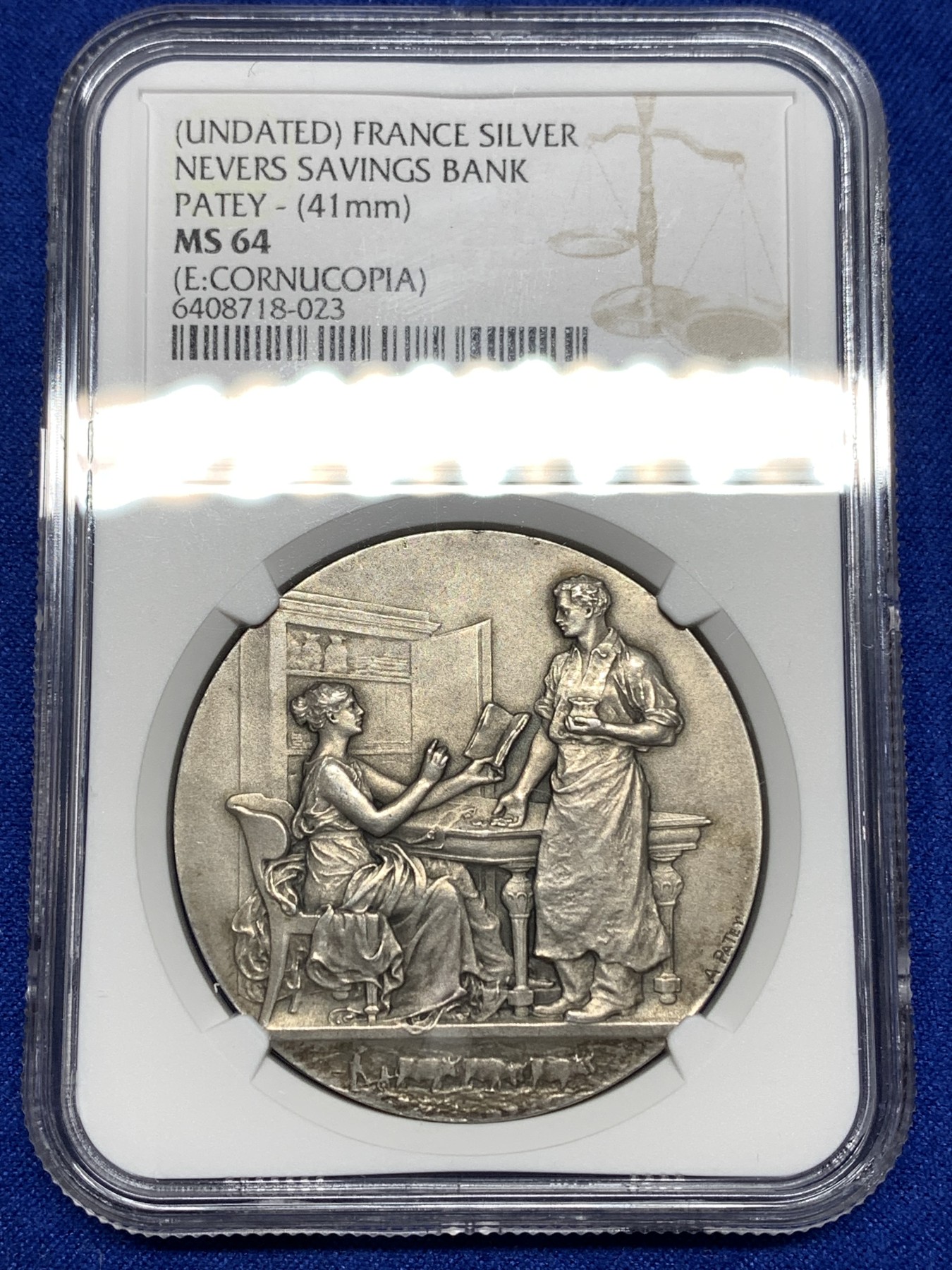 《竞宝斋》八角代币+章牌专场！第182场-周日，周一，周二 3场 (全场包邮) NGC-MS64 法国纳维尔储蓄银行纪念银章，细节丰富