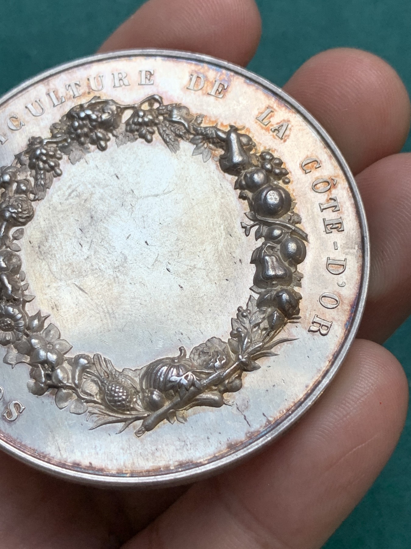 《竞宝斋》八角代币+章牌专场！第182场-周日，周一，周二 3场 (全场包邮) 法国黄金海岸园艺协会银章，71.2g，54.3mm，丰饶角边铭，品相完好，丝绸底光