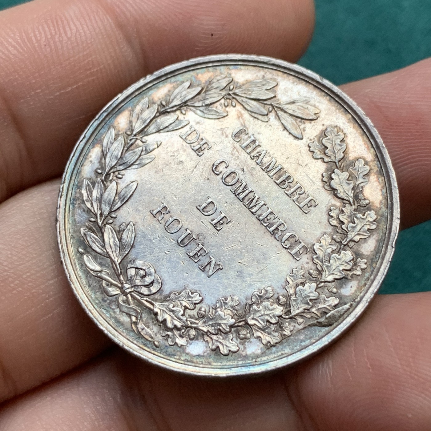 《竞宝斋》八角代币+章牌专场！第182场-周日，周一，周二 3场 (全场包邮) 法国鲁昂商会银章，17.46g，35.2mm，早期无边铭