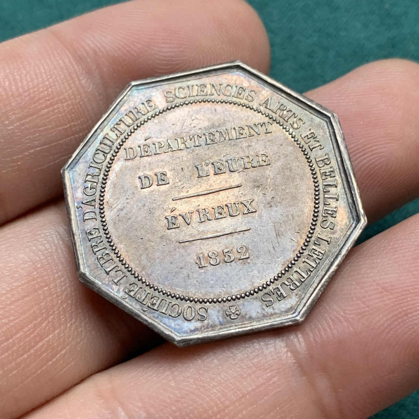 《竞宝斋》八角代币+章牌专场！第182场-周日，周一，周二 3场 (全场包邮) 法国埃夫勒科学协会八角银质代币jeton，11.7g，30.7mm，油灯边铭