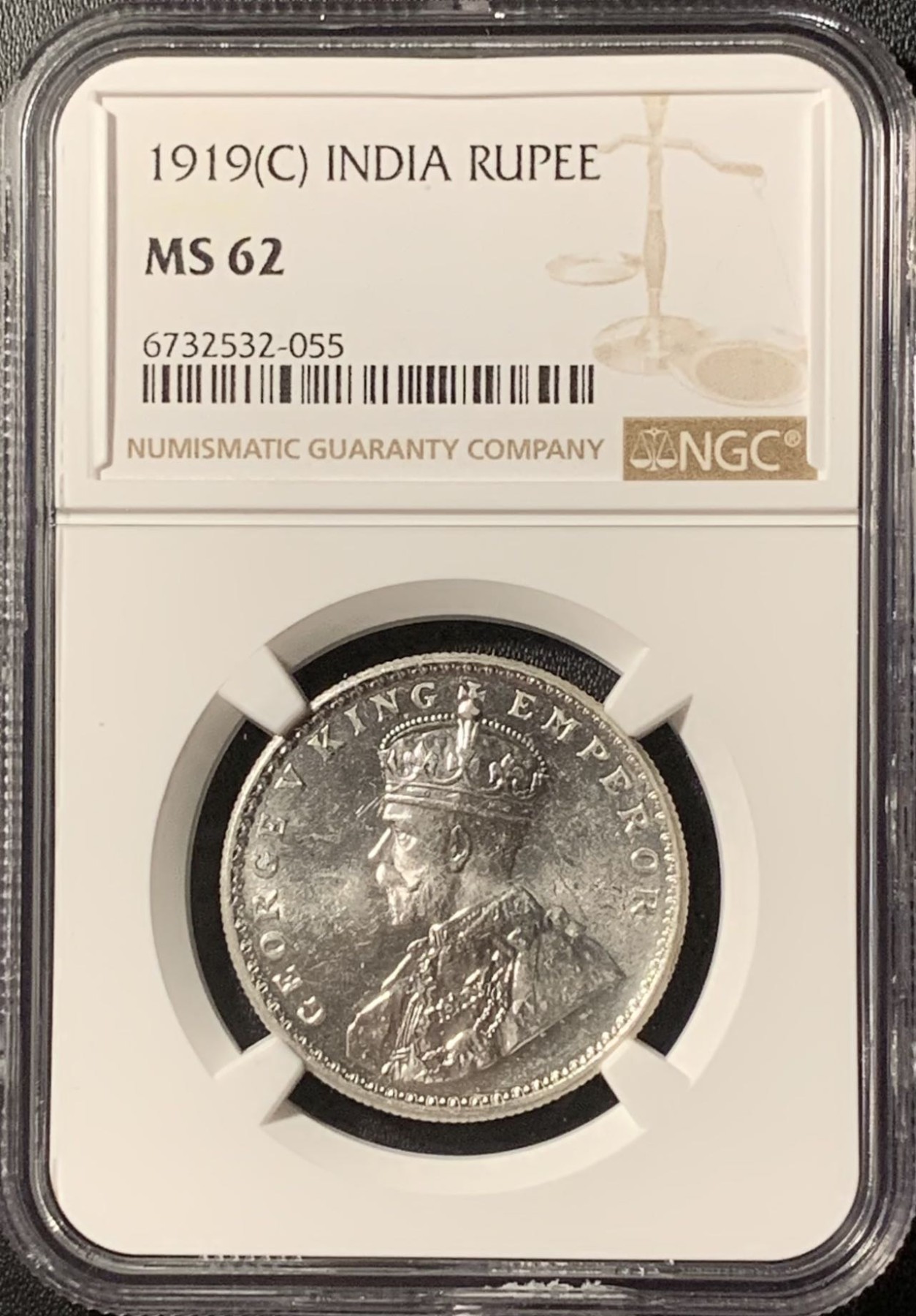 紫瑗钱币——第286期拍卖 英属印度 1919年 C版 乔治五世 1卢比 银币 NGC MS62